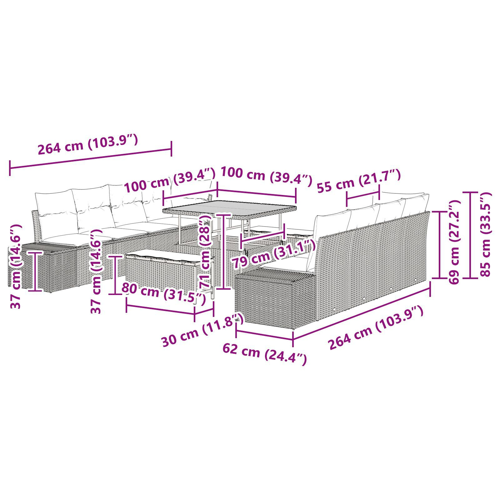 Set de canapea de grădină cu 11 piese și perne negre din ratan sintetic, Set de canapea de grădină cu 2 locuri și perne negre din ratan sintetic, Set de dining pentru grădină cu 3 piese și perne negre din ratan sintetic GartenMobel Dekor