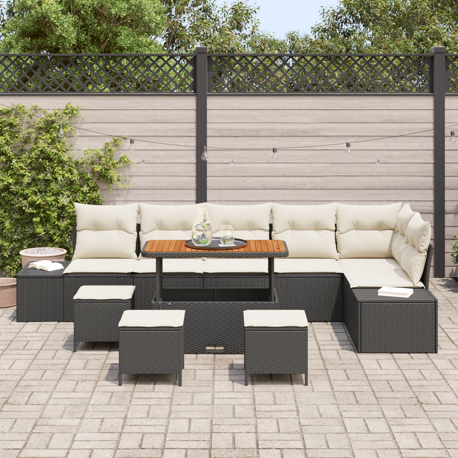Set de sofa de grădină 9 Piese cu perne Ratan Poly Negru Acacia, Sofa de grădină 2 locuri cu perne Ratan Poly Negru, Set de dining de grădină 3 Piese cu perne Ratan Poly Negru Acacia GartenMobel Dekor