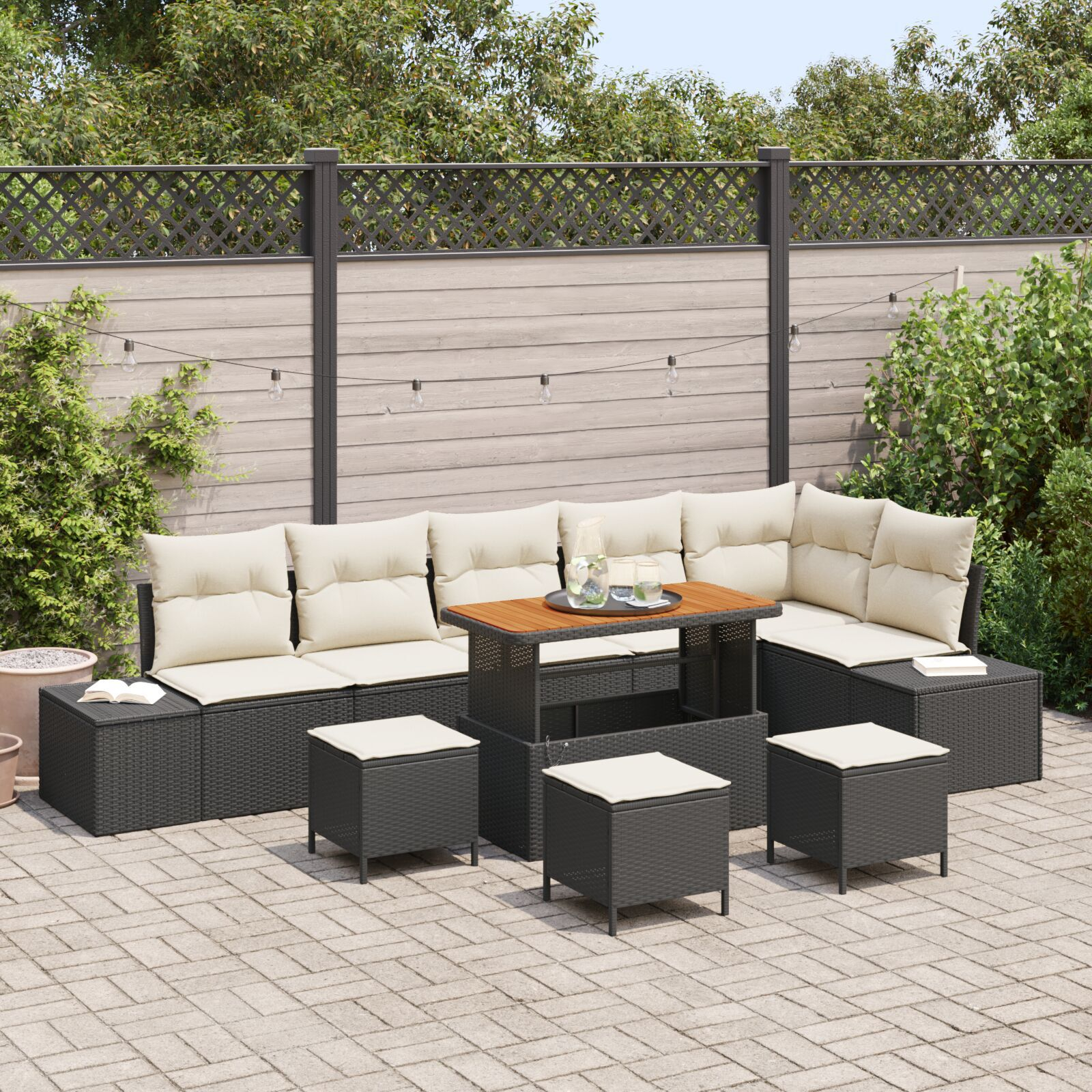 Set de sofa de grădină 9 Piese cu perne Ratan Poly Negru Acacia, Sofa de grădină 2 locuri cu perne Ratan Poly Negru, Set de dining de grădină 3 Piese cu perne Ratan Poly Negru Acacia GartenMobel Dekor
