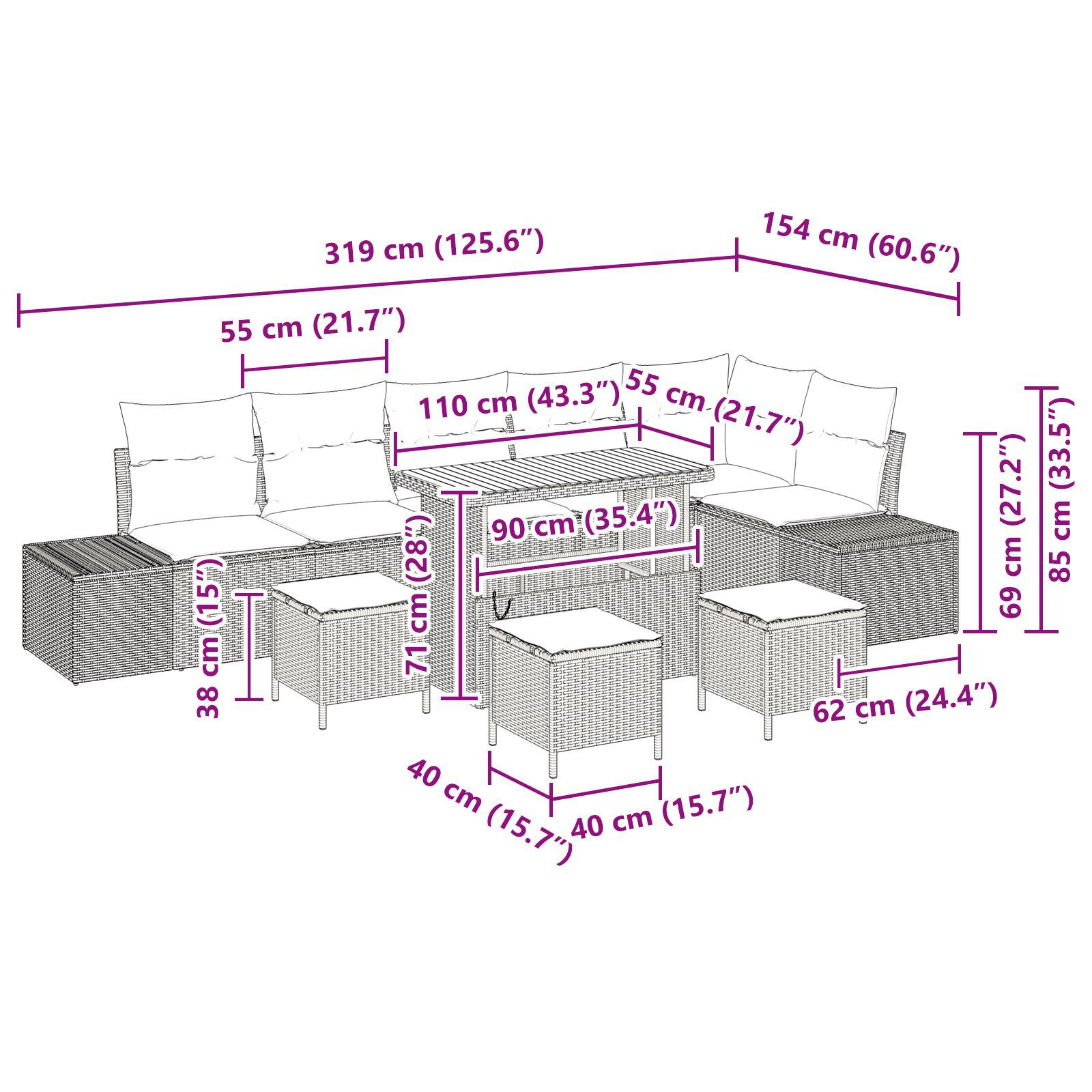 Set de sofa de grădină 9 Piese cu perne Ratan Poly Negru Acacia, Sofa de grădină 2 locuri cu perne Ratan Poly Negru, Set de dining de grădină 3 Piese cu perne Ratan Poly Negru Acacia GartenMobel Dekor