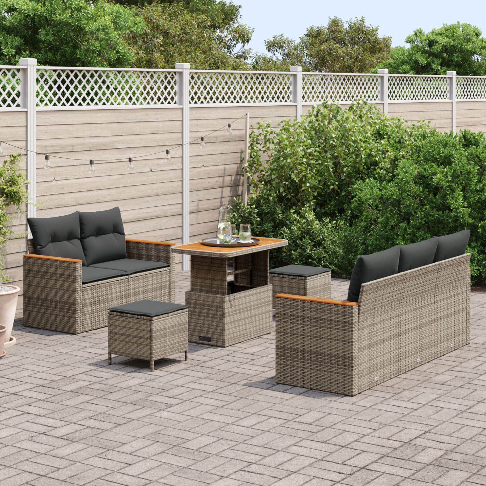 Set canapea de grădină cu 8 piese și perne gri din rattan, Set de dining grădină cu 3 piese și perne gri din rattan GartenMobel Dekor