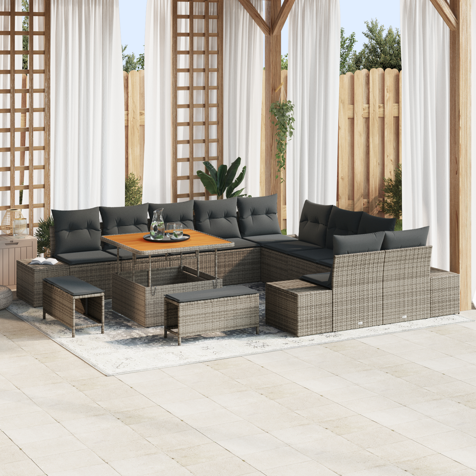Set de Sofa pentru Grădină din 13 Piese cu Perne Gri Poli Ratan Acacia, Sofa de Grădină cu 2 Locuri și Perne Gri Poli Ratan, Set de Dining pentru Grădină din 3 Piese cu Perne Gri Poli Ratan Acacia GartenMobel Dekor
