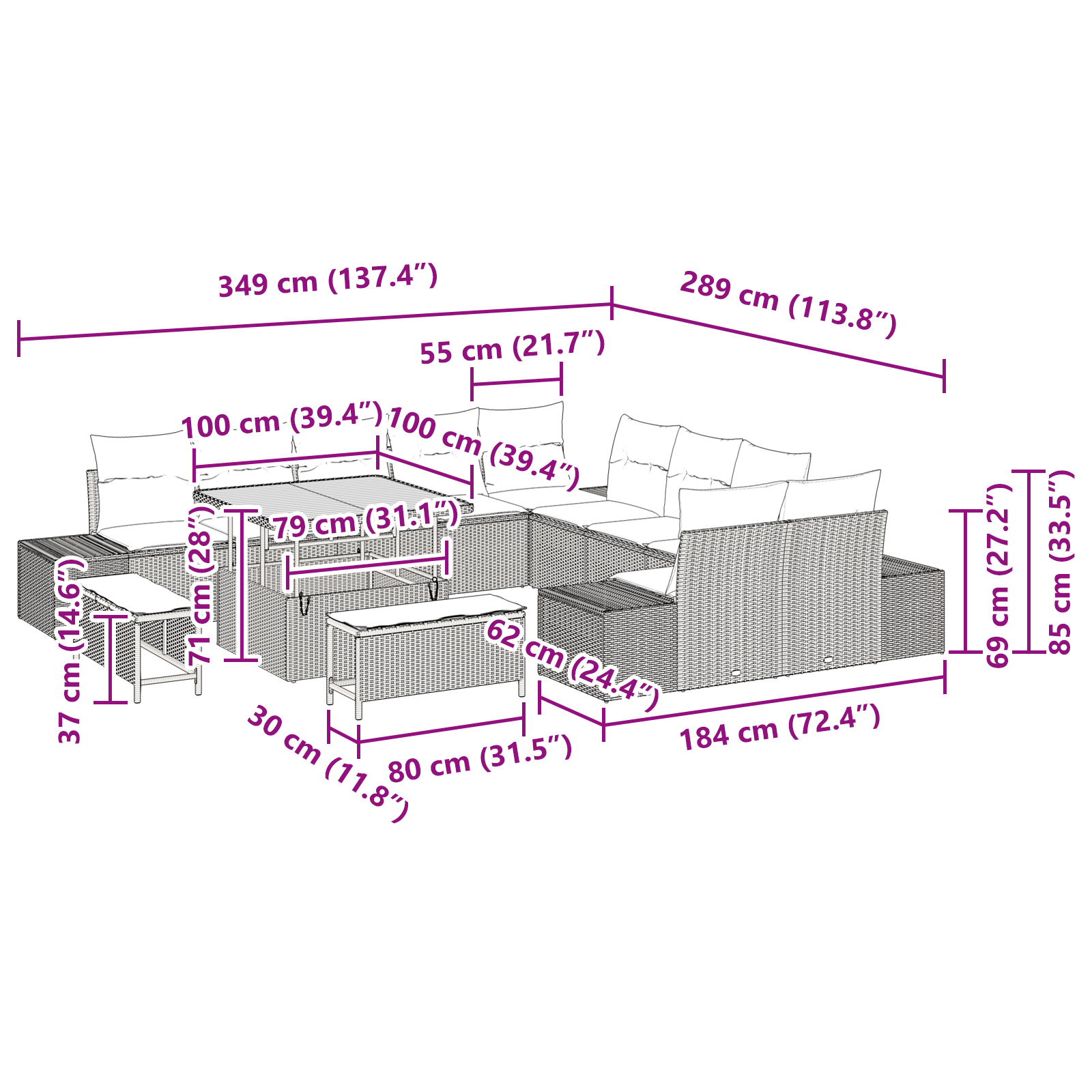 Set de Sofa pentru Grădină din 13 Piese cu Perne Gri Poli Ratan Acacia, Sofa de Grădină cu 2 Locuri și Perne Gri Poli Ratan, Set de Dining pentru Grădină din 3 Piese cu Perne Gri Poli Ratan Acacia GartenMobel Dekor
