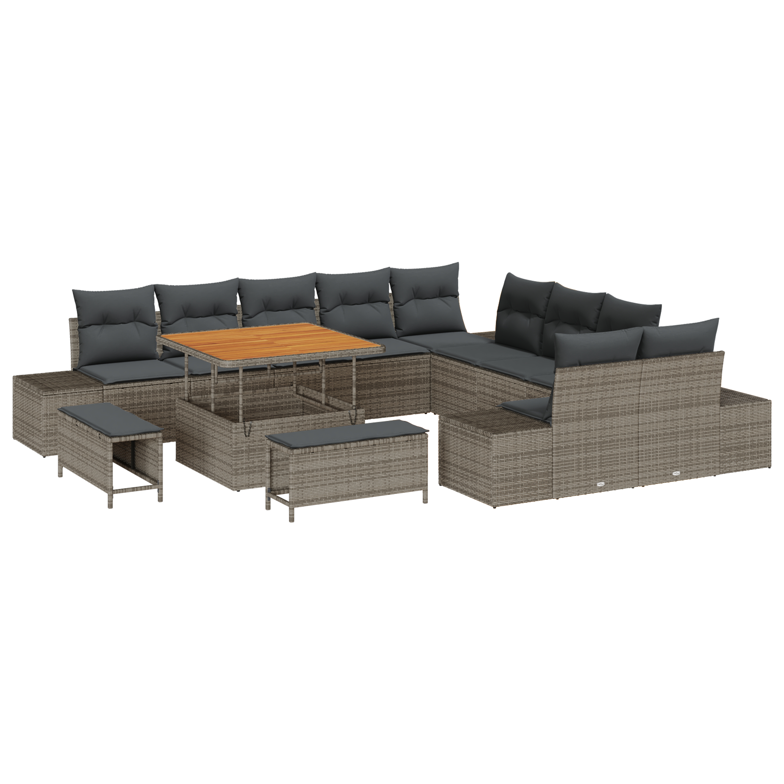 Set de Sofa pentru Grădină din 13 Piese cu Perne Gri Poli Ratan Acacia, Sofa de Grădină cu 2 Locuri și Perne Gri Poli Ratan, Set de Dining pentru Grădină din 3 Piese cu Perne Gri Poli Ratan Acacia GartenMobel Dekor