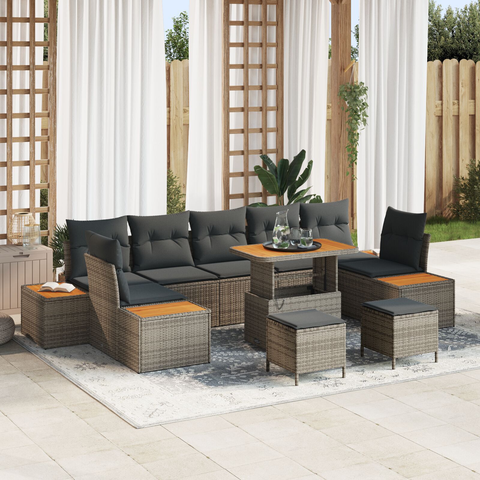 Set de canapea de grădină 10 piese cu perne gri rattan poli acacia, Set de dining de grădină 3 piese cu perne gri rattan poli acacia GartenMobel Dekor