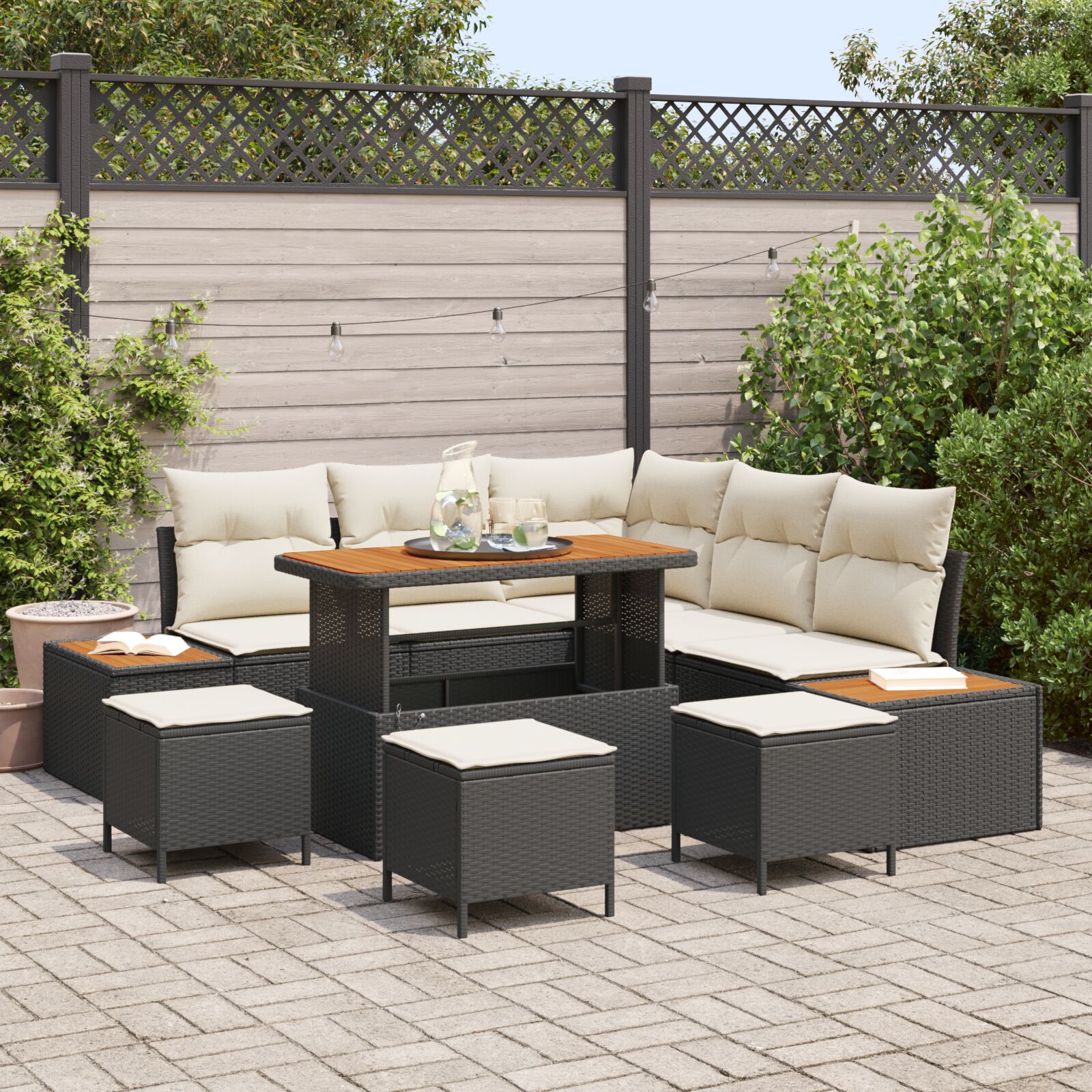 Set de canapea de grădină cu 9 piese cu perne Negru Poliratan Acacia, Set de dining de grădină cu 4 piese cu perne Negru Poliratan Acacia GartenMobel Dekor