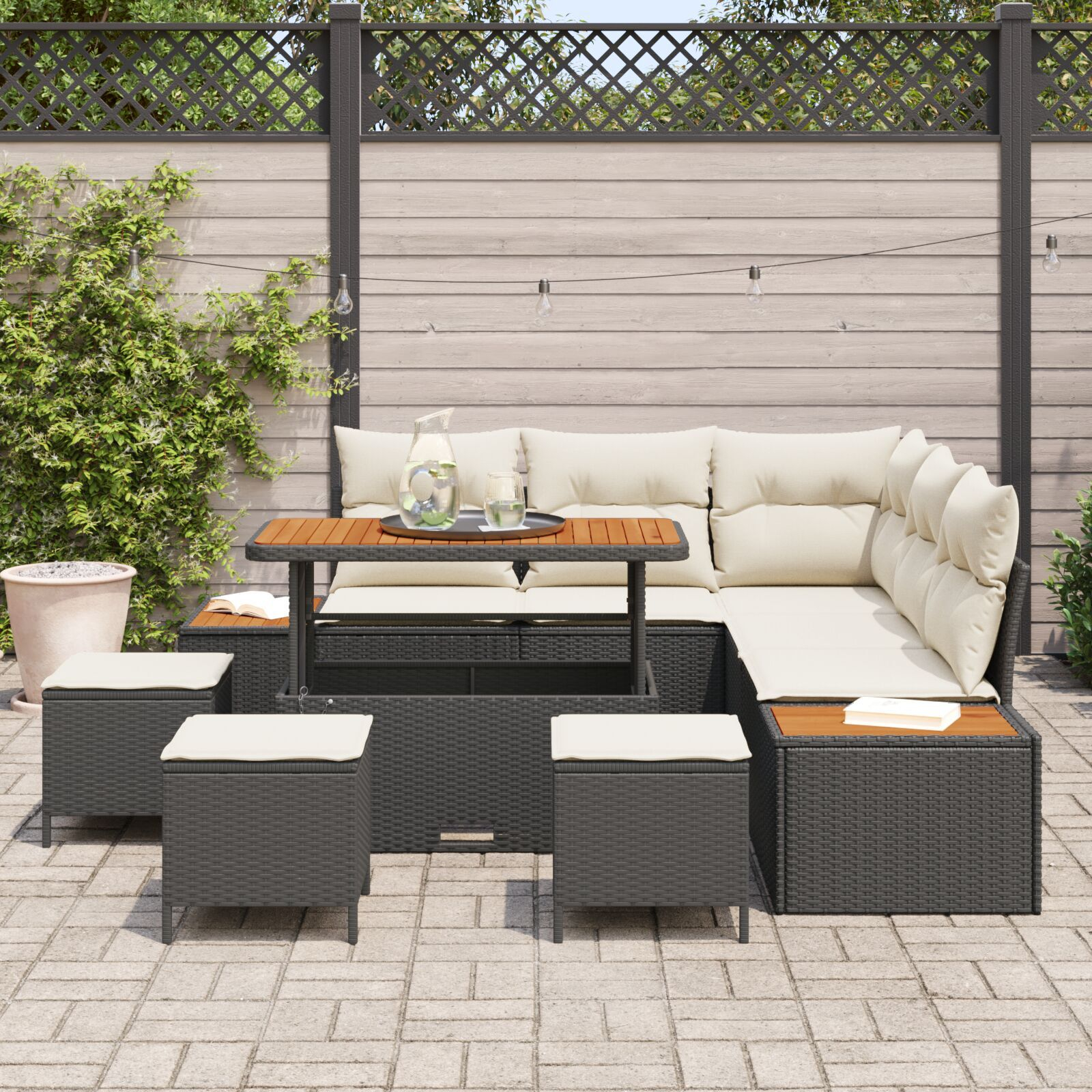 Set de canapea de grădină cu 9 piese cu perne Negru Poliratan Acacia, Set de dining de grădină cu 4 piese cu perne Negru Poliratan Acacia GartenMobel Dekor