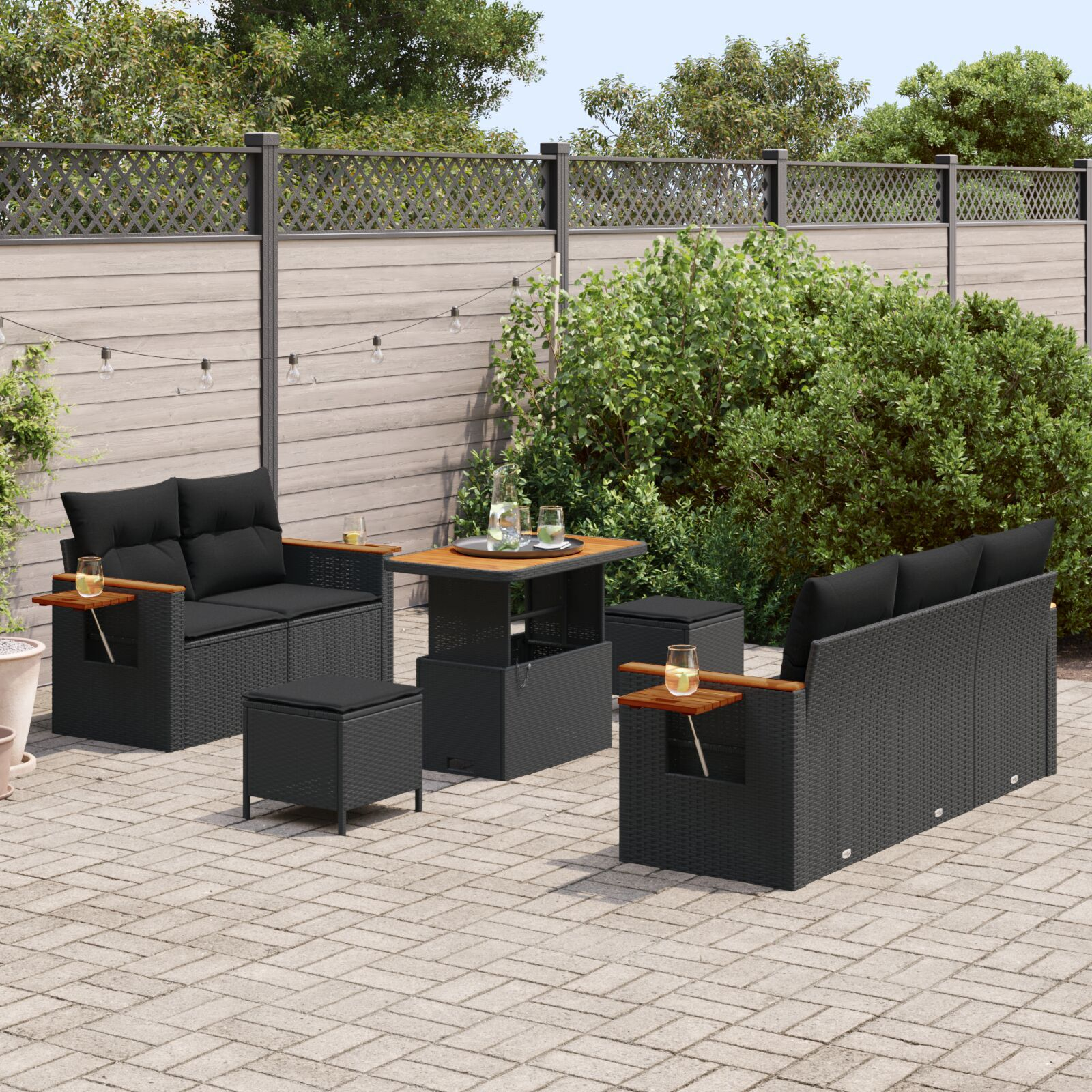Set de canapea de grădină 8 piese cu perne Ratan poli Negru Acacia, Set de dining de grădină 3 piese cu perne Ratan poli Negru Acacia GartenMobel Dekor
