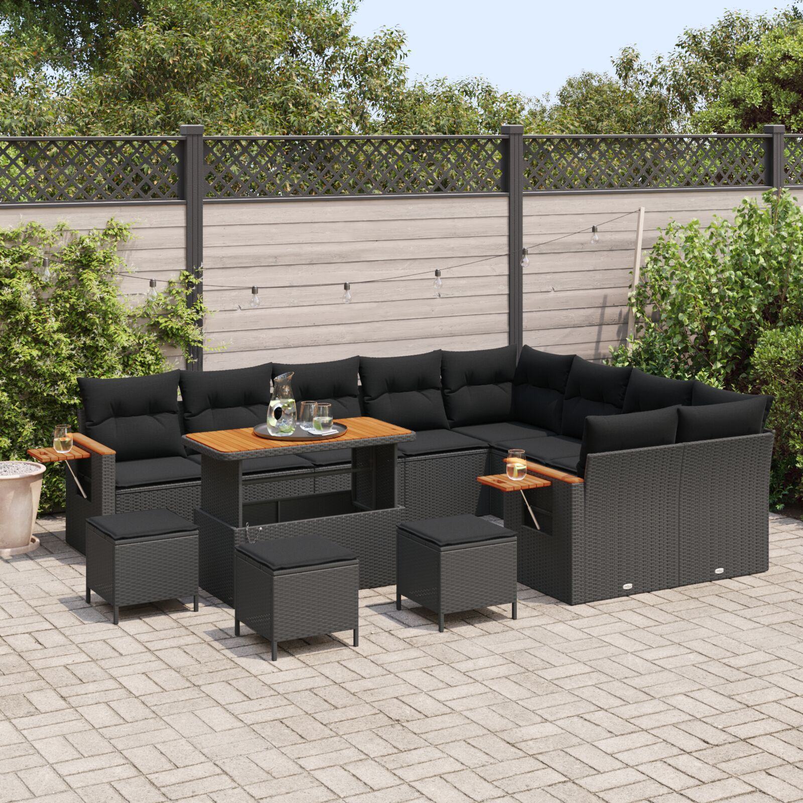 Set Canapea Grădină 13 Piese cu Perne Negru Rattan Poliratan Acacia, Set Dining Grădină 4 Piese cu Perne Negru Rattan Poliratan Acacia GartenMobel Dekor