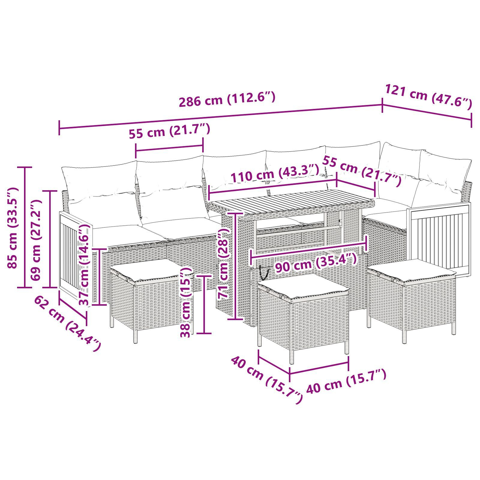 Set canapea grădină 9 piese și perne bej din ratan poli acacia, Canapea grădină 2 locuri și perne bej din ratan poli, Set masă grădină 3 piese și perne bej din ratan poli acacia GartenMobel Dekor