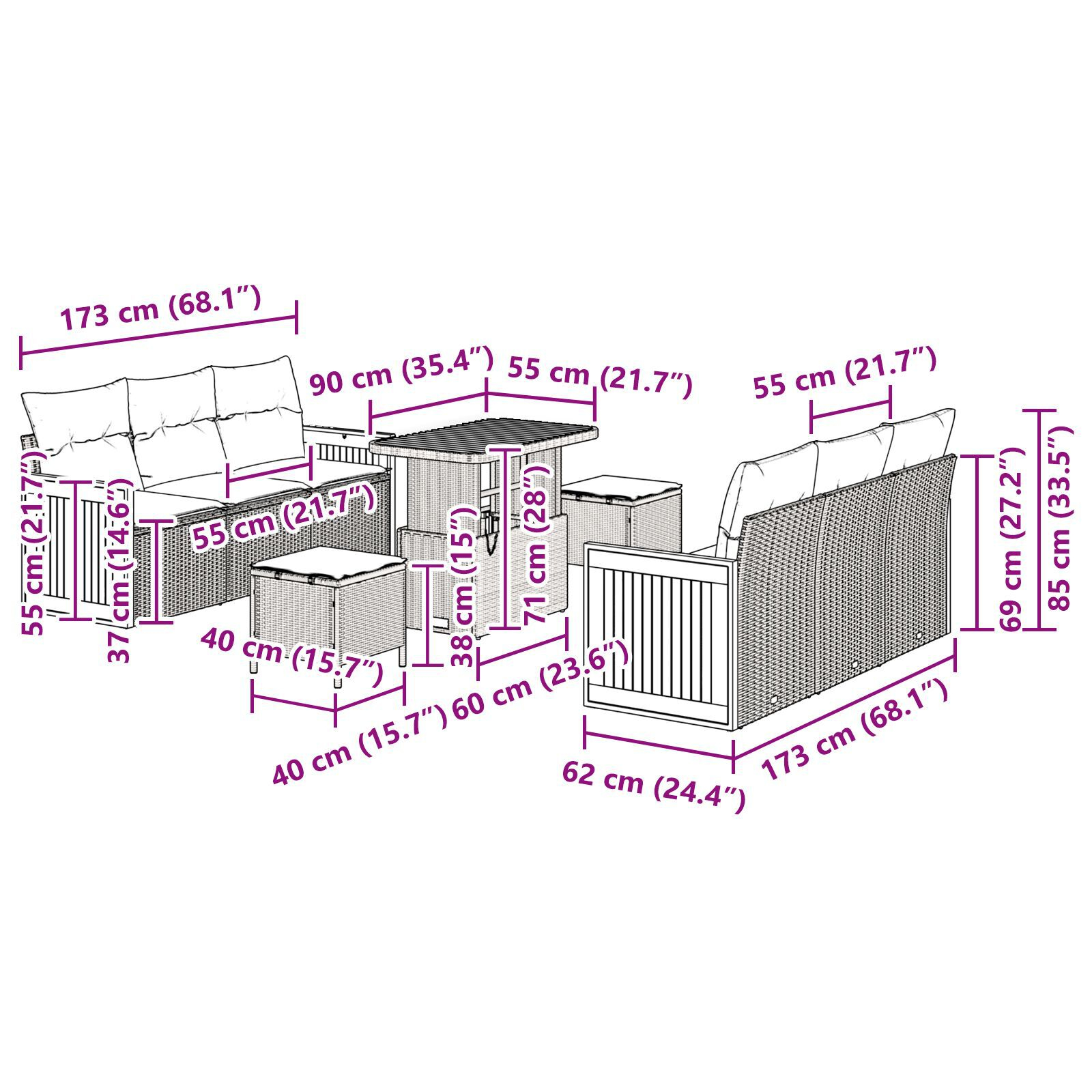 Set canapea grădină cu perne negre din ratan poliester, Sofa grădină cu perne negre din ratan poliester, Set dining grădină cu 3 piese, perne negre din ratan poliester GartenMobel Dekor
