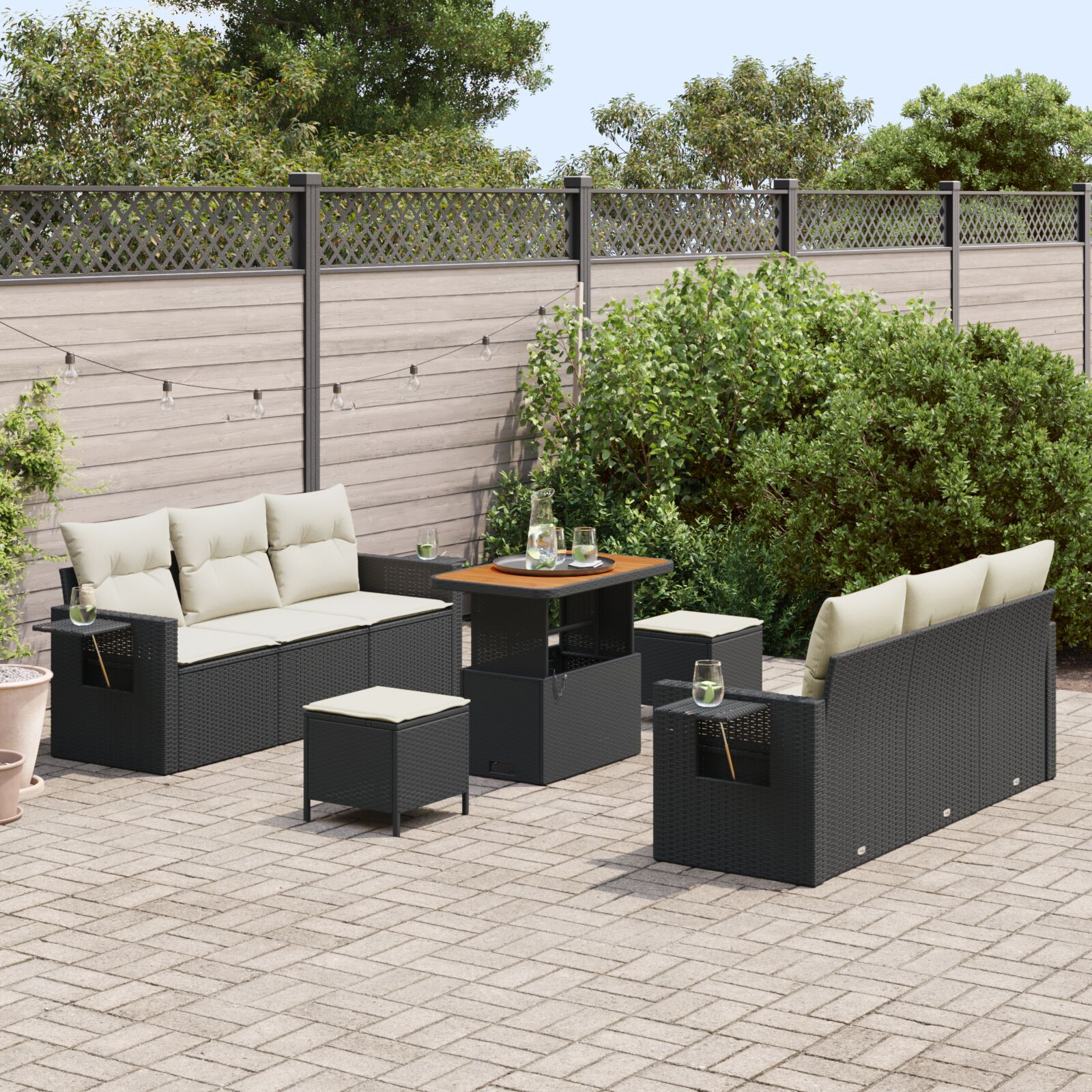 Set de Canapea de Grădină cu 9 Piese și Perne Negru Ratan Polimer Acacia, Set de Dining de Grădină cu 3 Piese și Perne Negru Ratan Polimer Acacia GartenMobel Dekor