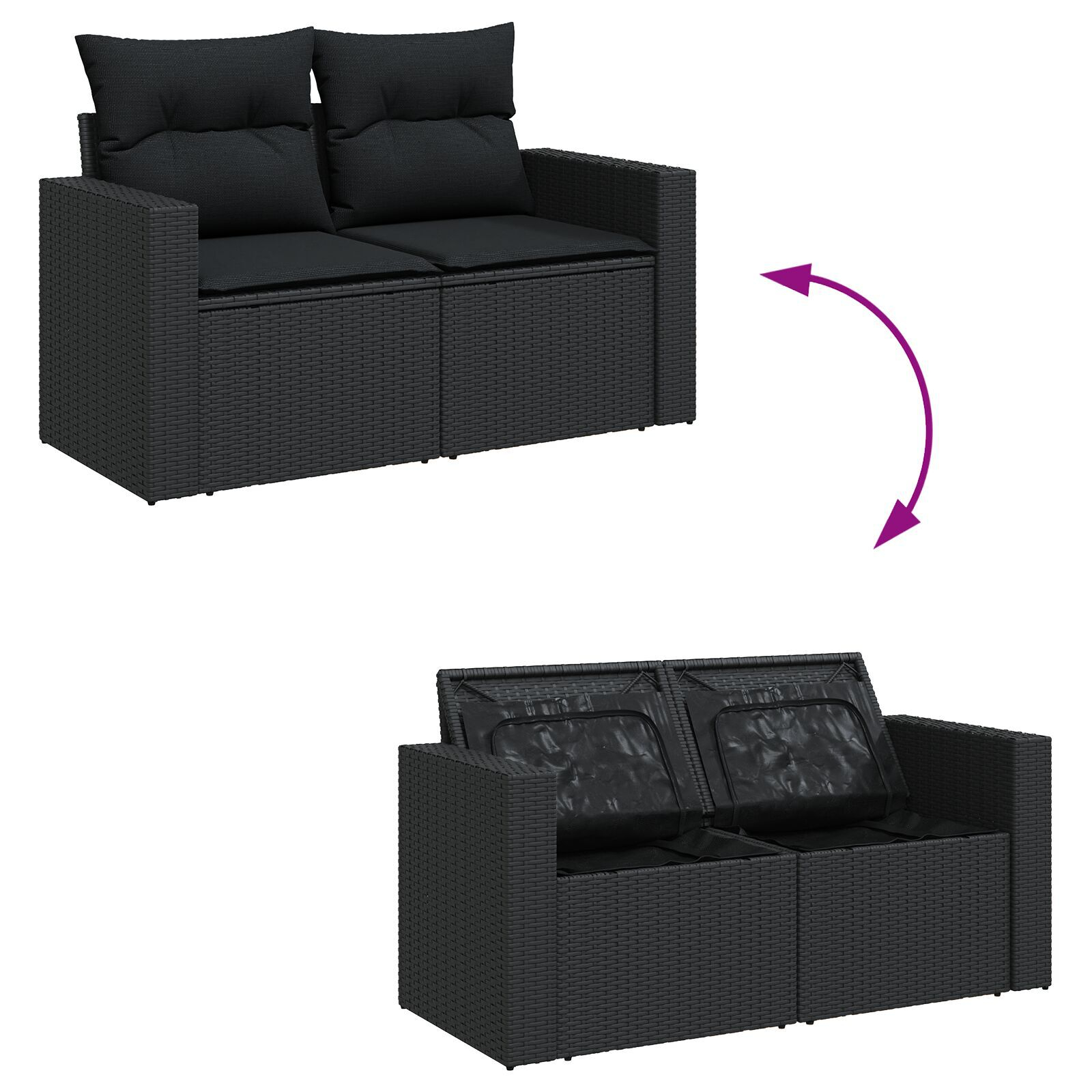 Set de canapea pentru grădină 13 piese cu perne Negru Poliratan Acacia, Set de dining pentru grădină 4 piese cu perne Negru Poliratan Acacia GartenMobel Dekor