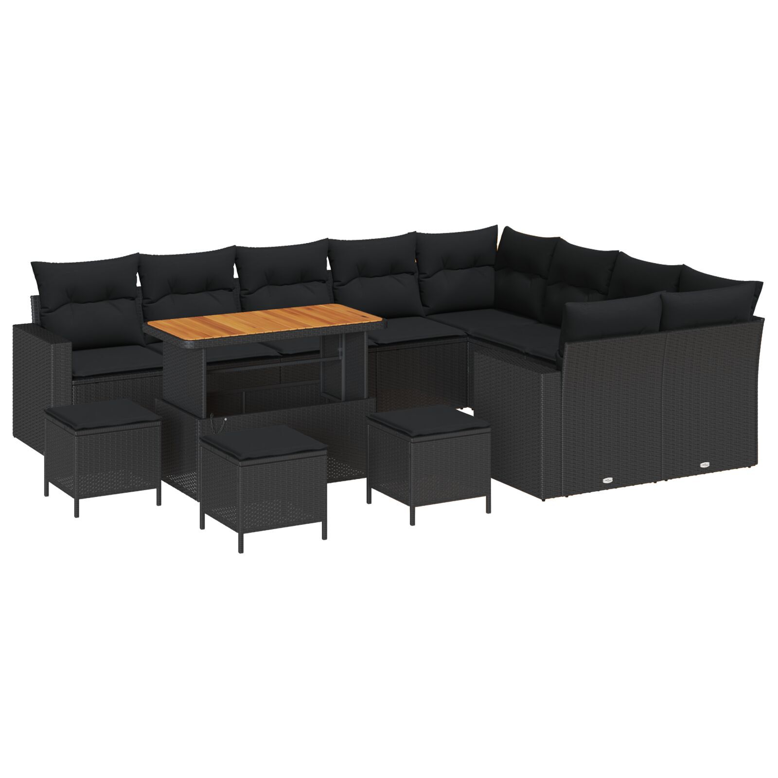 Set de canapea pentru grădină 13 piese cu perne Negru Poliratan Acacia, Set de dining pentru grădină 4 piese cu perne Negru Poliratan Acacia GartenMobel Dekor