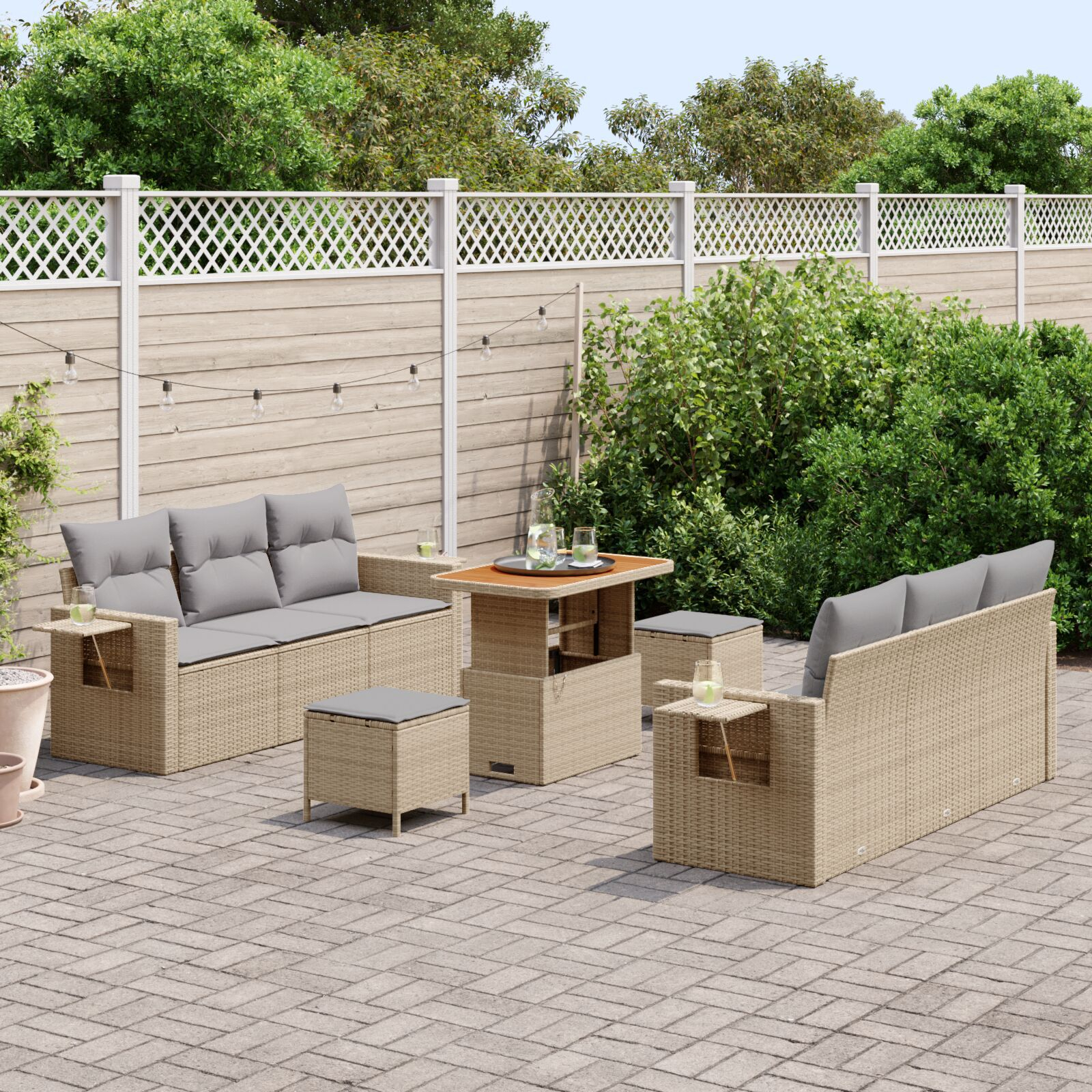 Set de Sofa de Grădină cu 9 Piese și Perne Bej Poly Ratan Acacia, Set de Dining pentru Grădină cu 3 Piese și Perne Bej Poly Ratan Acacia GartenMobel Dekor