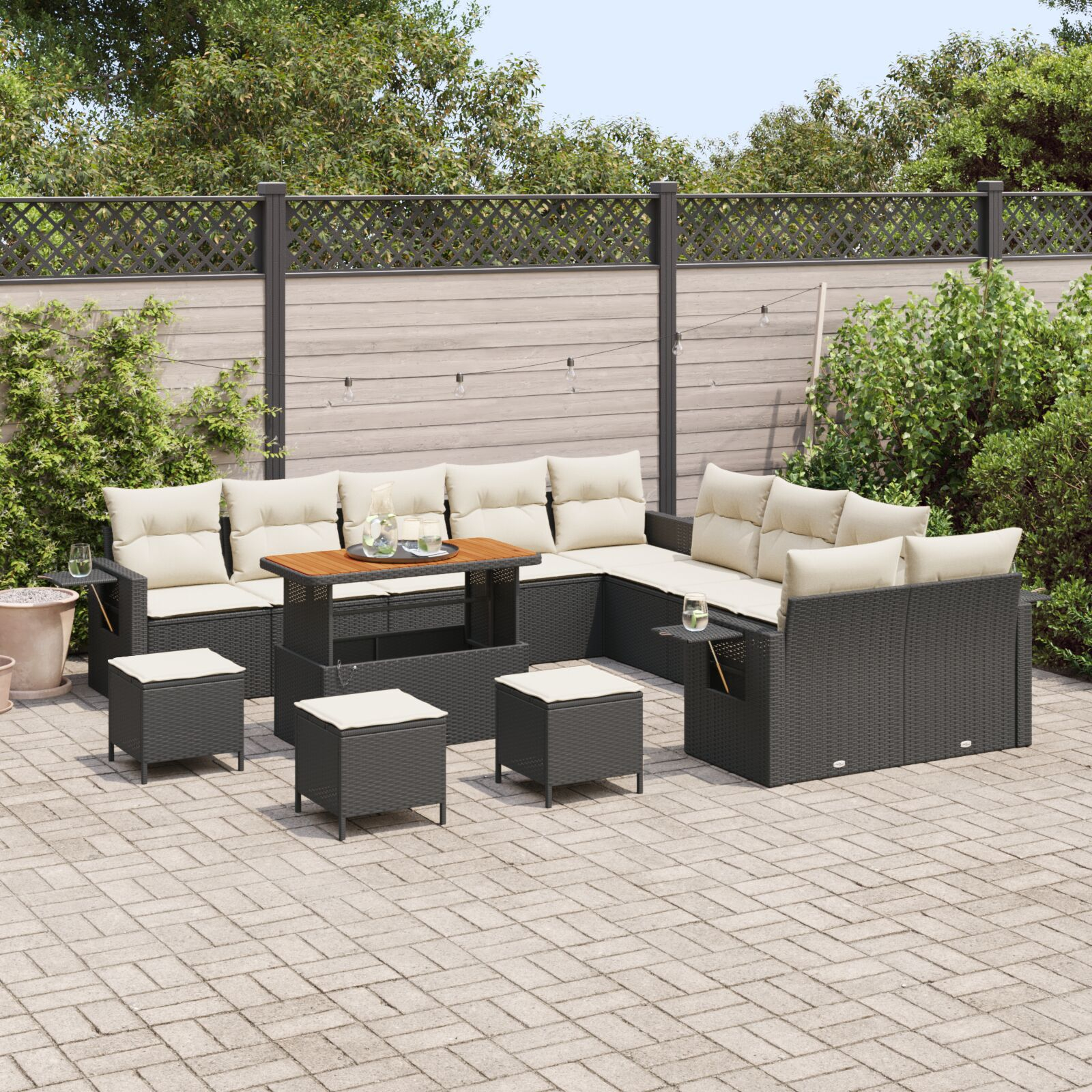 Set de canapea modulară de grădină cu perne 13 piese Negru Ratan Acacia, Set de dining de grădină cu 3 piese cu perne Negru Ratan Acacia GartenMobel Dekor