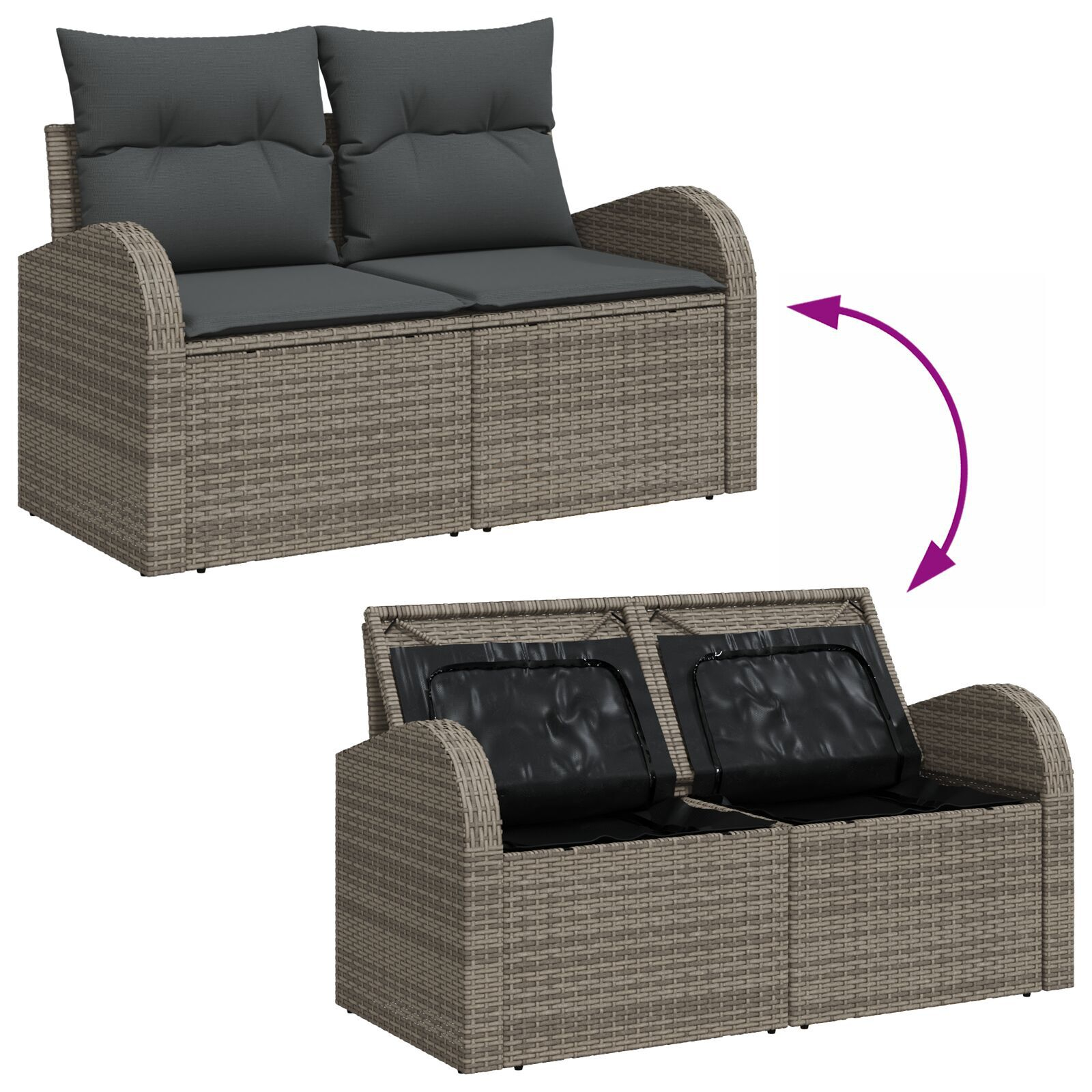 Set de 8 Piese Sofa Grădină cu Perne Gri Poliratan Acacia, Sofa Grădină pentru 2 Persoane cu Spațiu de Depozitare & Perne Gri Poliratan, Set de 3 Piese pentru Cină în Grădină cu Perne Gri Poliratan Acacia GartenMobel Dekor