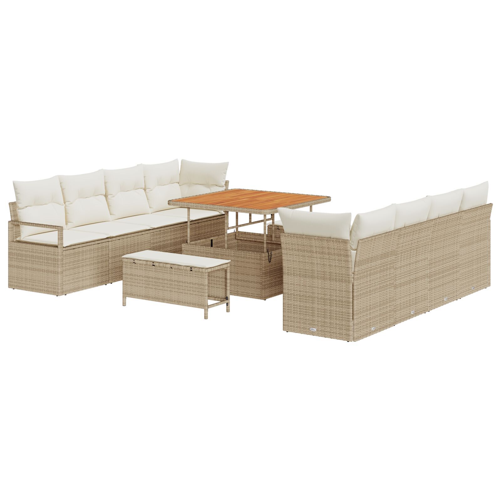Set de 11 Piese Sofa de Grădină cu Perne Bej din Poliratan și Acacia, Sofa de Grădină cu 2 Locuri cu Depozitare și Perne Bej din Poliratan, Set de Dining de Grădină cu 3 Piese cu Perne Bej din Poliratan și Acacia GartenMobel Dekor