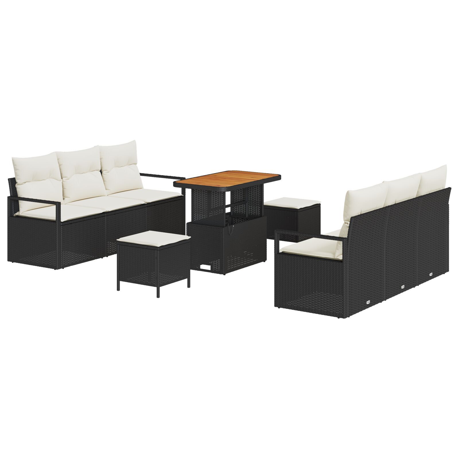 Set canapea de grădină din 9 piese cu perne Black Poly Rattan Acacia, Canapea de grădină cu 2 locuri cu depozitare și perne Black Poly Rattan, Set de dining pentru grădină din 3 piese cu perne Black Poly Rattan Acacia GartenMobel Dekor