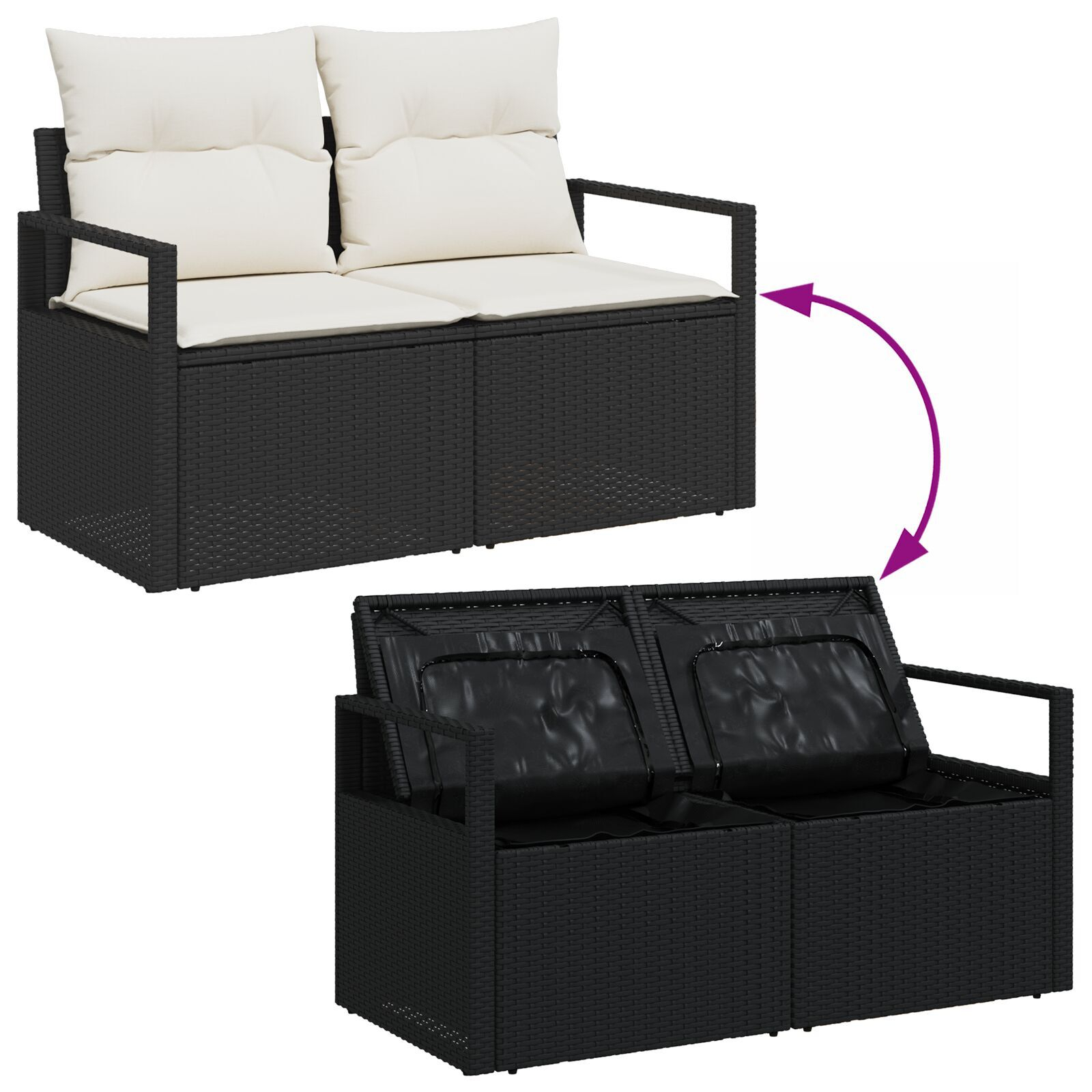 Set canapea de grădină din 9 piese cu perne Black Poly Rattan Acacia, Canapea de grădină cu 2 locuri cu depozitare și perne Black Poly Rattan, Set de dining pentru grădină din 3 piese cu perne Black Poly Rattan Acacia GartenMobel Dekor