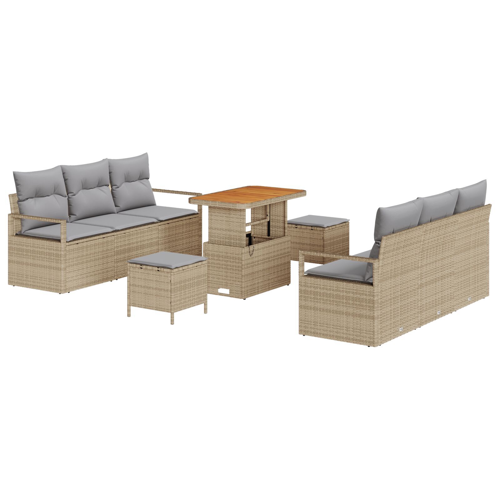 Set de Sofa de Grădină 9 Piese cu Perne Bej Ratan Sintetic Acacia, Sofa de Grădină pentru 2 Persoane cu Depozitare & Perne Bej Ratan Sintetic, Set de Cină de Grădină 3 Piese cu Perne Bej Ratan Sintetic Acacia GartenMobel Dekor