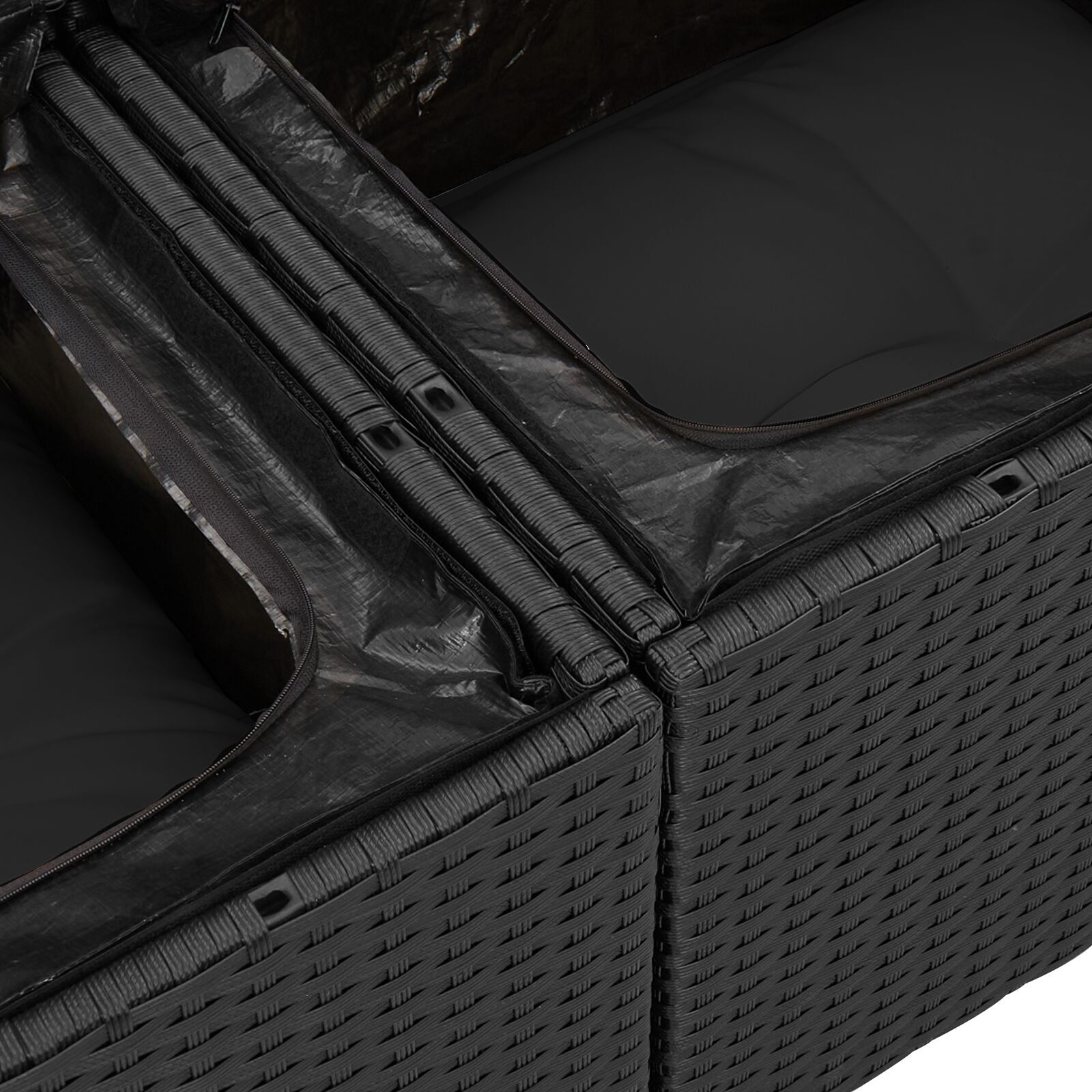 Set de canapea de grădină cu perne, Negru Poliratan Acacia, Canapea de grădină cu 2 locuri și perne, Negru Poliratan, Set de dining de grădină cu 3 piese și perne, Negru Poliratan Acacia GartenMobel Dekor