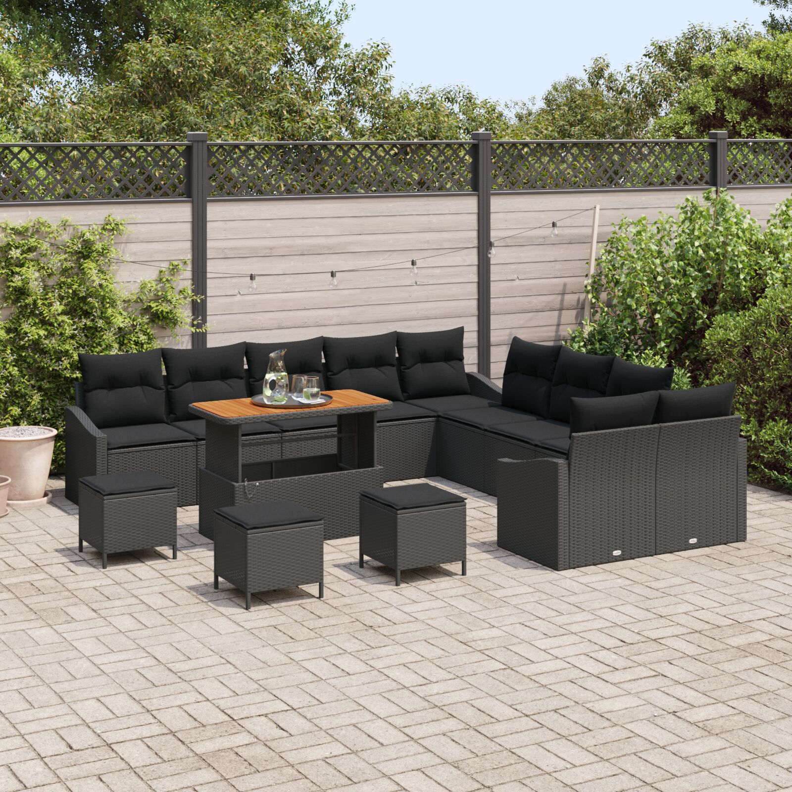 Set de sofa de grădină cu 13 piese cu perne Negre Ratan poli Acacia, Sofa de grădină cu 2 locuri cu spațiu de depozitare & perne Negre din ratan poli, Set de dining de grădină cu 3 piese cu perne Negre Ratan poli Acacia GartenMobel Dekor