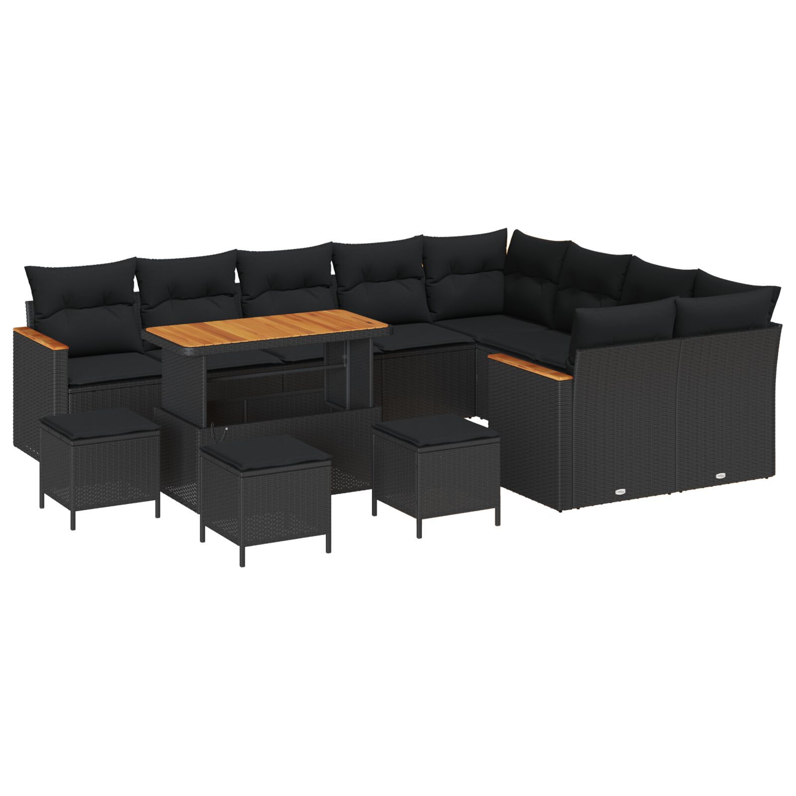 Set canapea pentru grădină 12 piese cu perne Negru Poliratan Acacia, Set de dining pentru grădină 3 piese cu perne Negru Poliratan Acacia GartenMobel Dekor