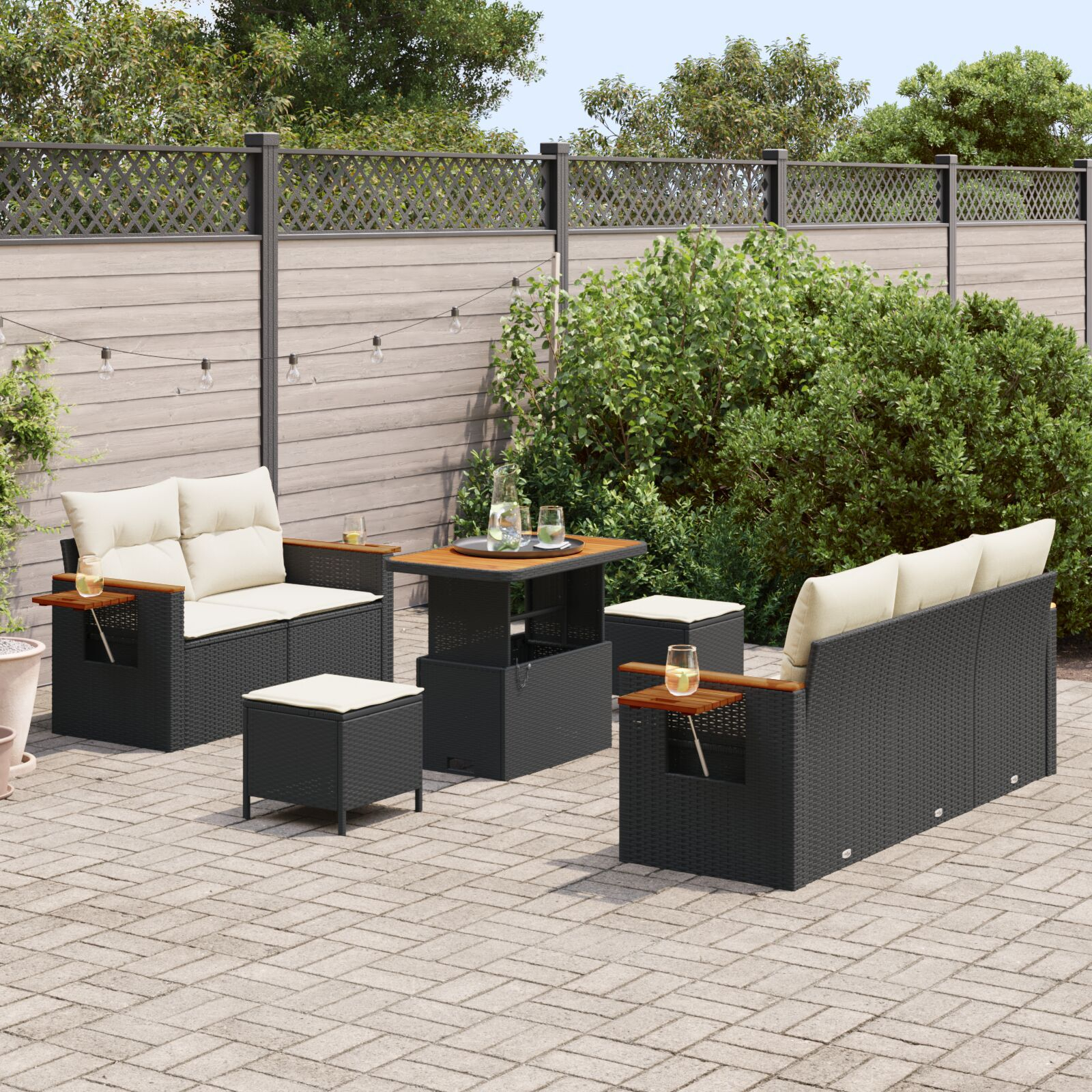 Set de Sofa pentru Grădină cu Perne Negru Poliratan Acacia, Set de Dining pentru Grădină cu Perne Negru Poliratan Acacia GartenMobel Dekor