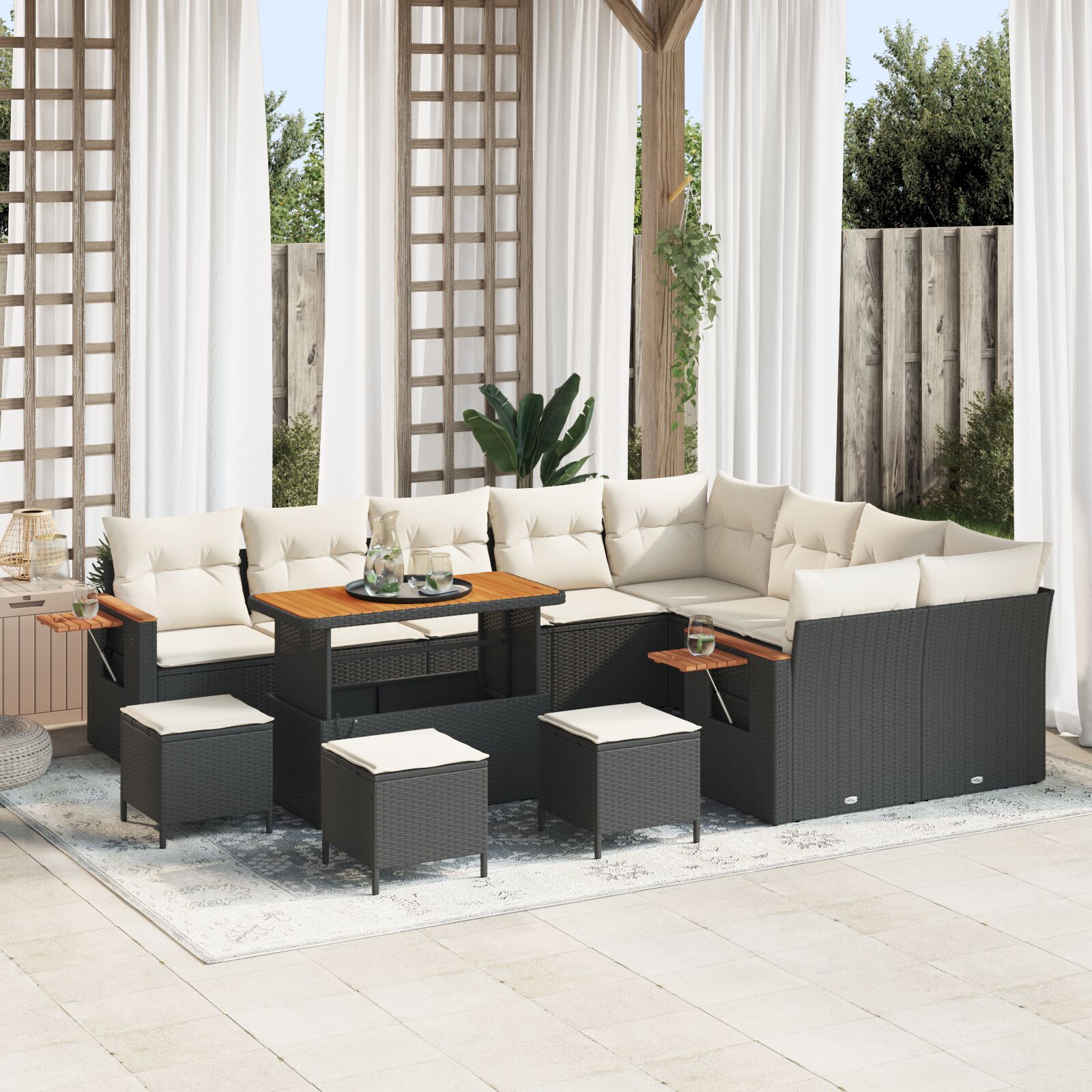 Set de sofa de grădină cu 12 piese cu perne Negru Poliratan Acacia, Set de dining de grădină cu 3 piese cu perne Negru Poliratan Acacia GartenMobel Dekor