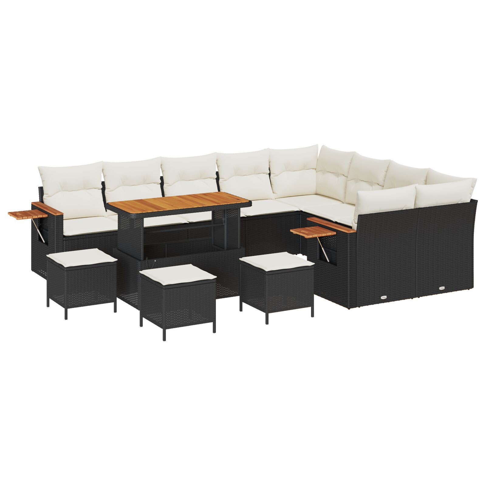 Set de sofa de grădină cu 12 piese cu perne Negru Poliratan Acacia, Set de dining de grădină cu 3 piese cu perne Negru Poliratan Acacia GartenMobel Dekor