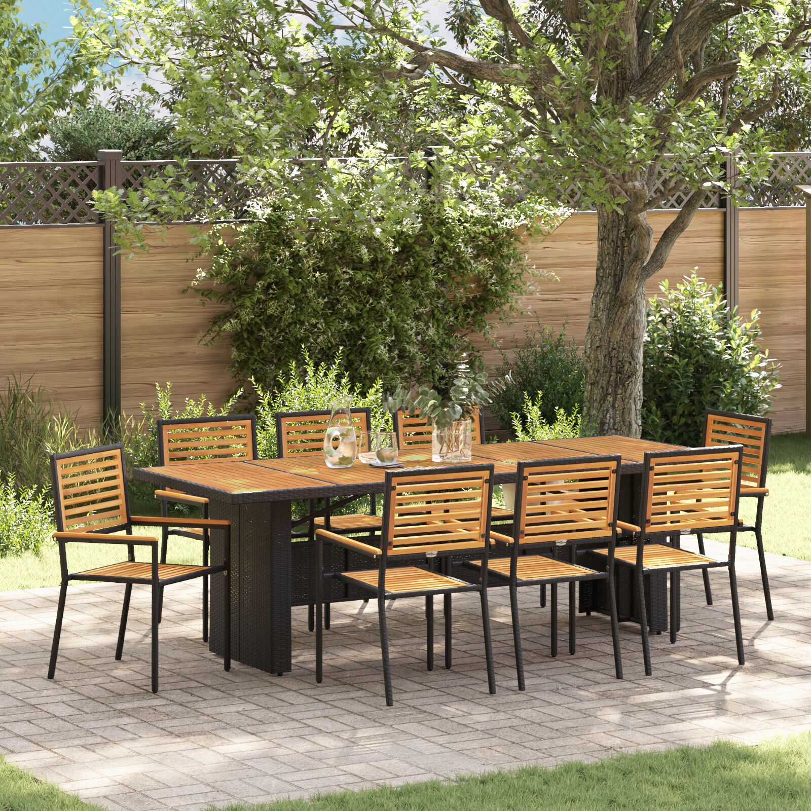 Set de Dining pentru Grădină cu 9 Piese Negru Rattan Poliester Acacia, Scaune de Grădină Stivuibile cu Perne 2 buc Negru Rattan Poliester GartenMobel Dekor