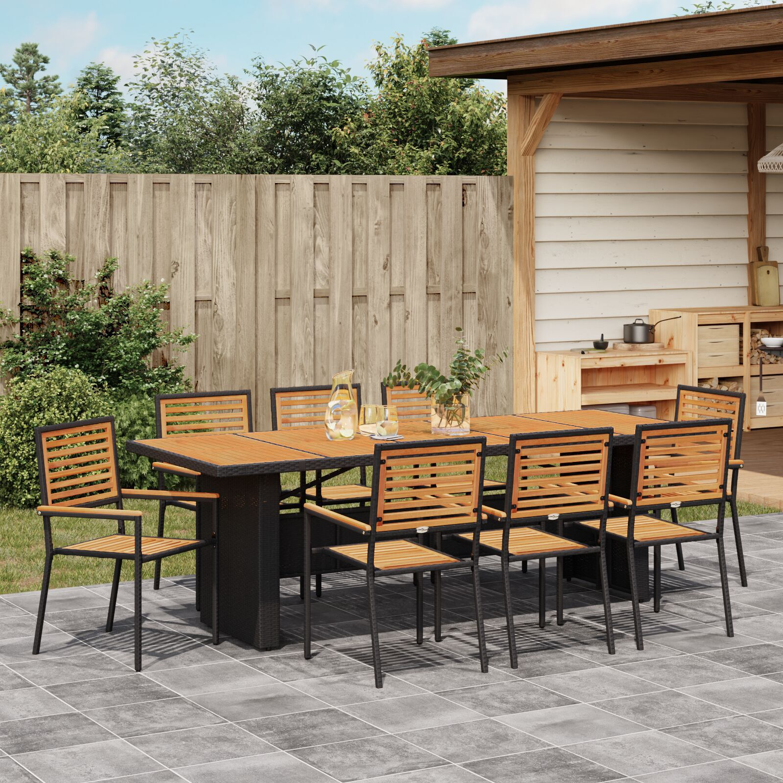 Set de Dining pentru Grădină cu 9 Piese Negru Rattan Poliester Acacia, Scaune de Grădină Stivuibile cu Perne 2 buc Negru Rattan Poliester GartenMobel Dekor