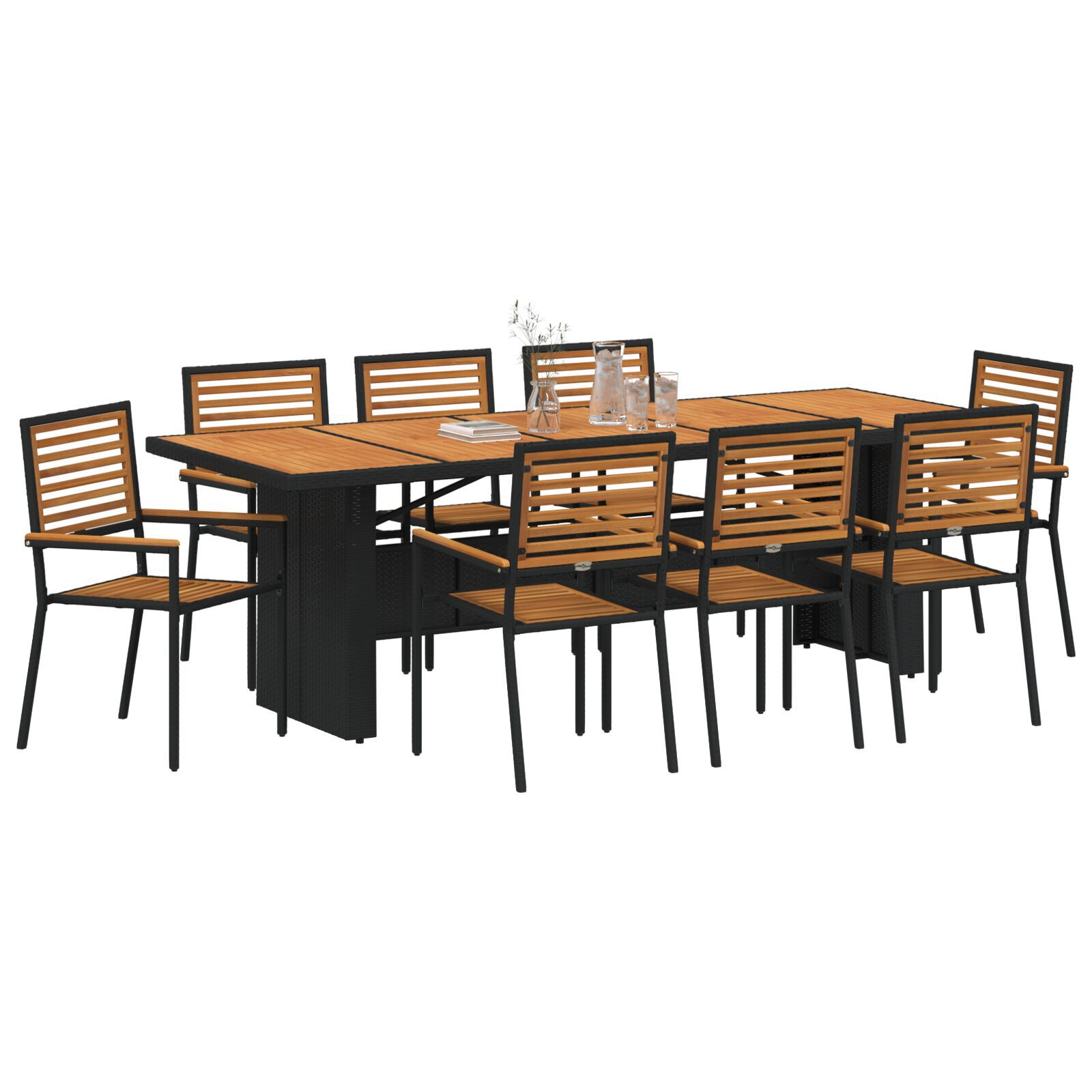 Set de Dining pentru Grădină cu 9 Piese Negru Rattan Poliester Acacia, Scaune de Grădină Stivuibile cu Perne 2 buc Negru Rattan Poliester GartenMobel Dekor