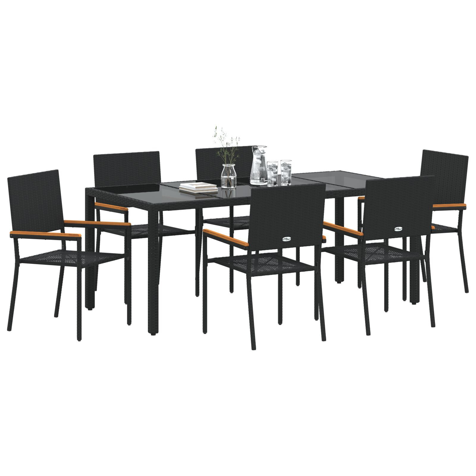 Set dining grădină 7 piese Negru Ratan sintetic, Scaune grădină  cu perne - Set 2 piese Ratan sintetic Negru GartenMobel Dekor