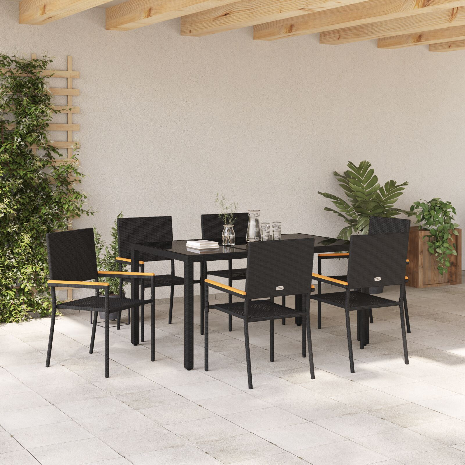 Set dining grădină 7 piese Negru Ratan sintetic, Scaune grădină  cu perne - Set 2 piese Ratan sintetic Negru GartenMobel Dekor