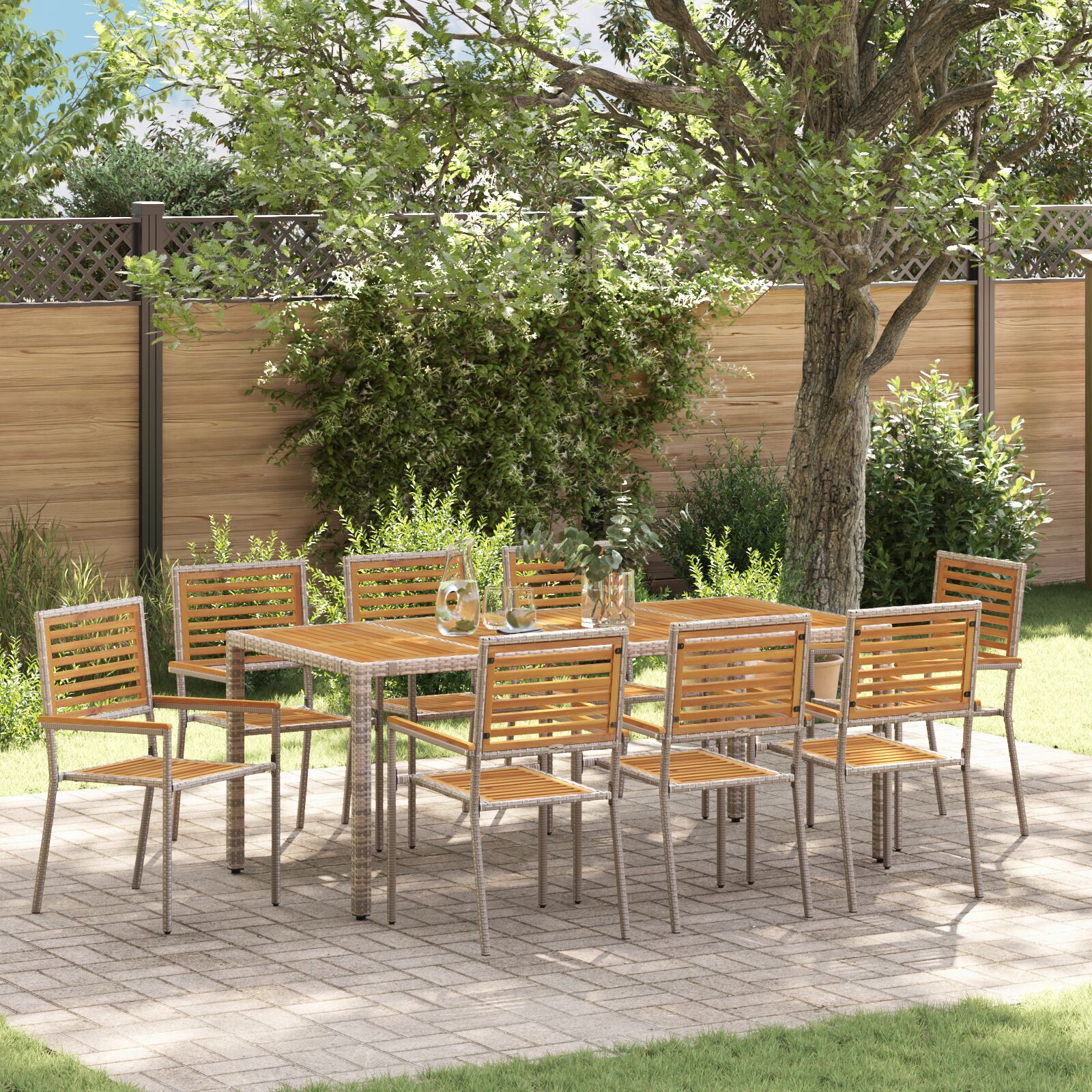 Set de Masă pentru Grădină  cu 9 Piese Gri Rattan Polimeric Acacia, Scaune Stivuibile pentru Grădină  cu Perne 2 buc Gri Rattan Polimeric GartenMobel Dekor