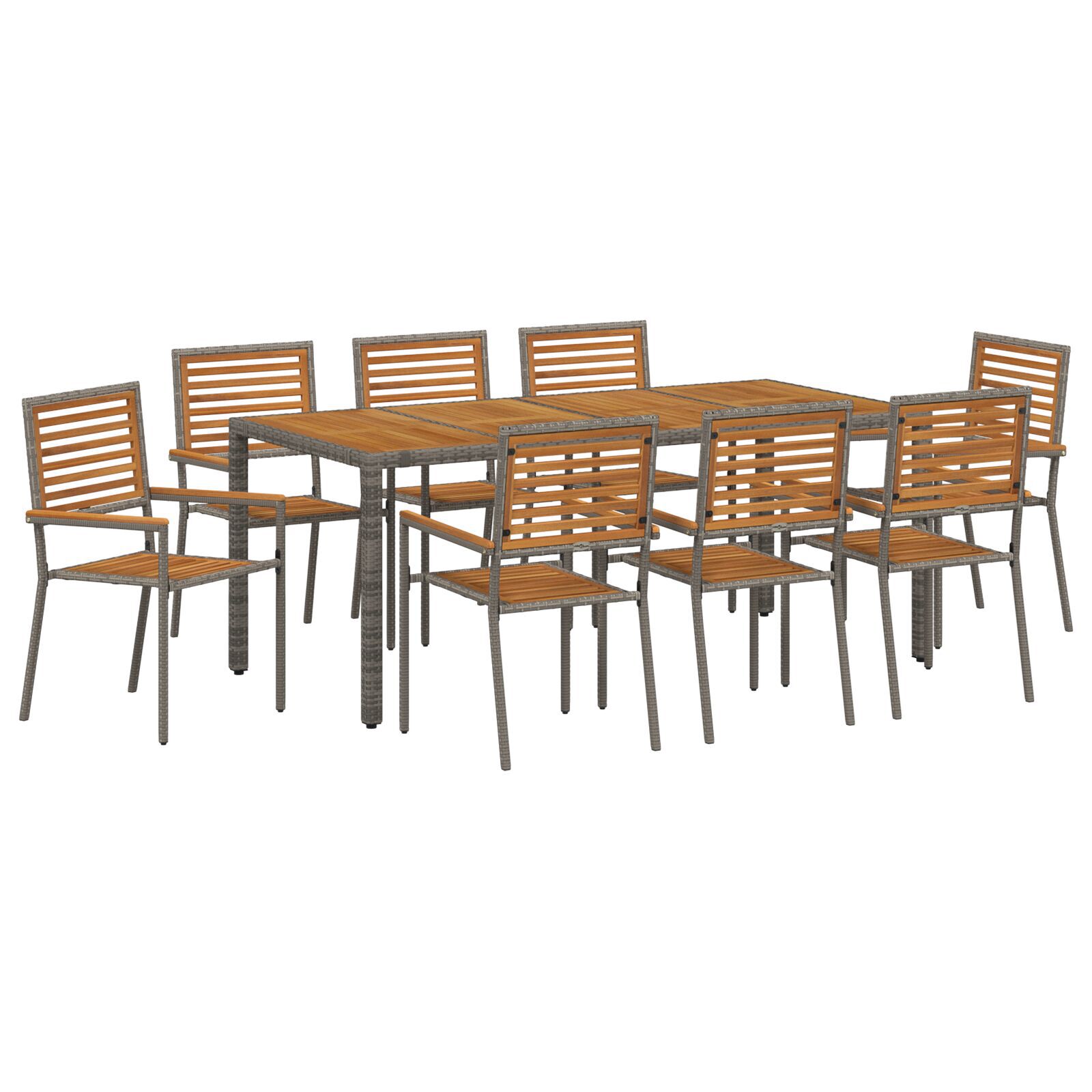 Set de Masă pentru Grădină  cu 9 Piese Gri Rattan Polimeric Acacia, Scaune Stivuibile pentru Grădină  cu Perne 2 buc Gri Rattan Polimeric GartenMobel Dekor