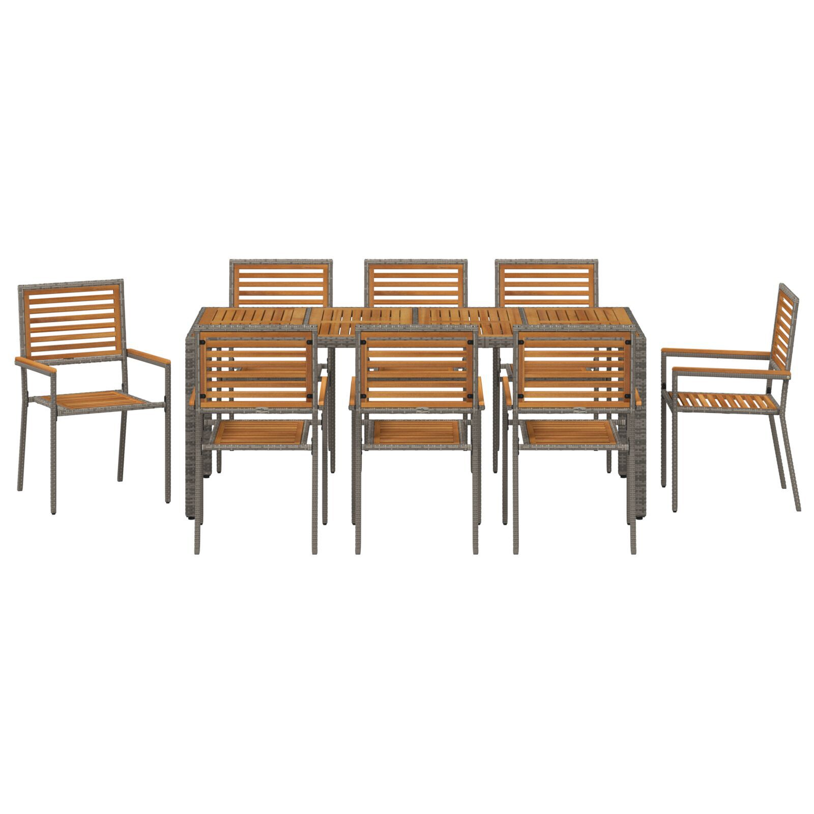 Set de Masă pentru Grădină  cu 9 Piese Gri Rattan Polimeric Acacia, Scaune Stivuibile pentru Grădină  cu Perne 2 buc Gri Rattan Polimeric GartenMobel Dekor