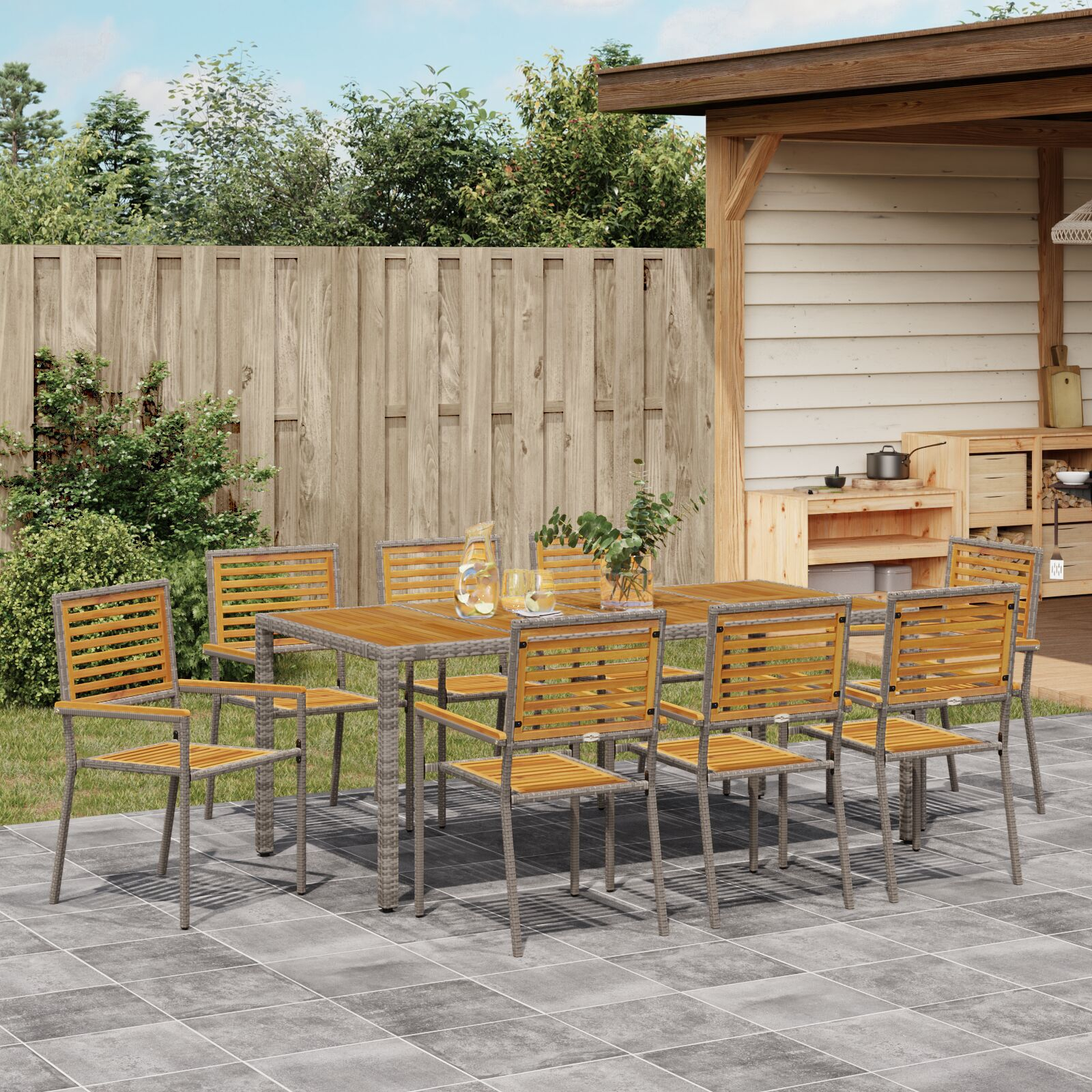 Set de Masă pentru Grădină  cu 9 Piese Gri Rattan Polimeric Acacia, Scaune Stivuibile pentru Grădină  cu Perne 2 buc Gri Rattan Polimeric GartenMobel Dekor