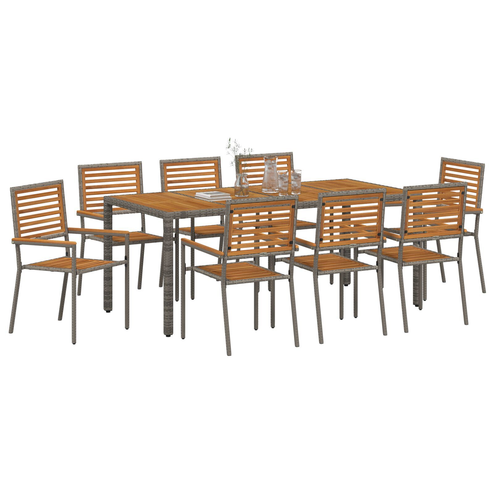 Set de Masă pentru Grădină  cu 9 Piese Gri Rattan Polimeric Acacia, Scaune Stivuibile pentru Grădină  cu Perne 2 buc Gri Rattan Polimeric GartenMobel Dekor