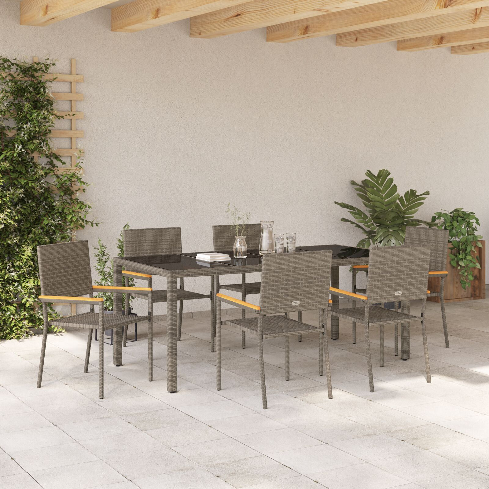 Set de Mese pentru Grădină  7 Piese Gri Ratan Poly, Scaune Grădină  cu Perne 2 buc Gri Ratan Poly GartenMobel Dekor