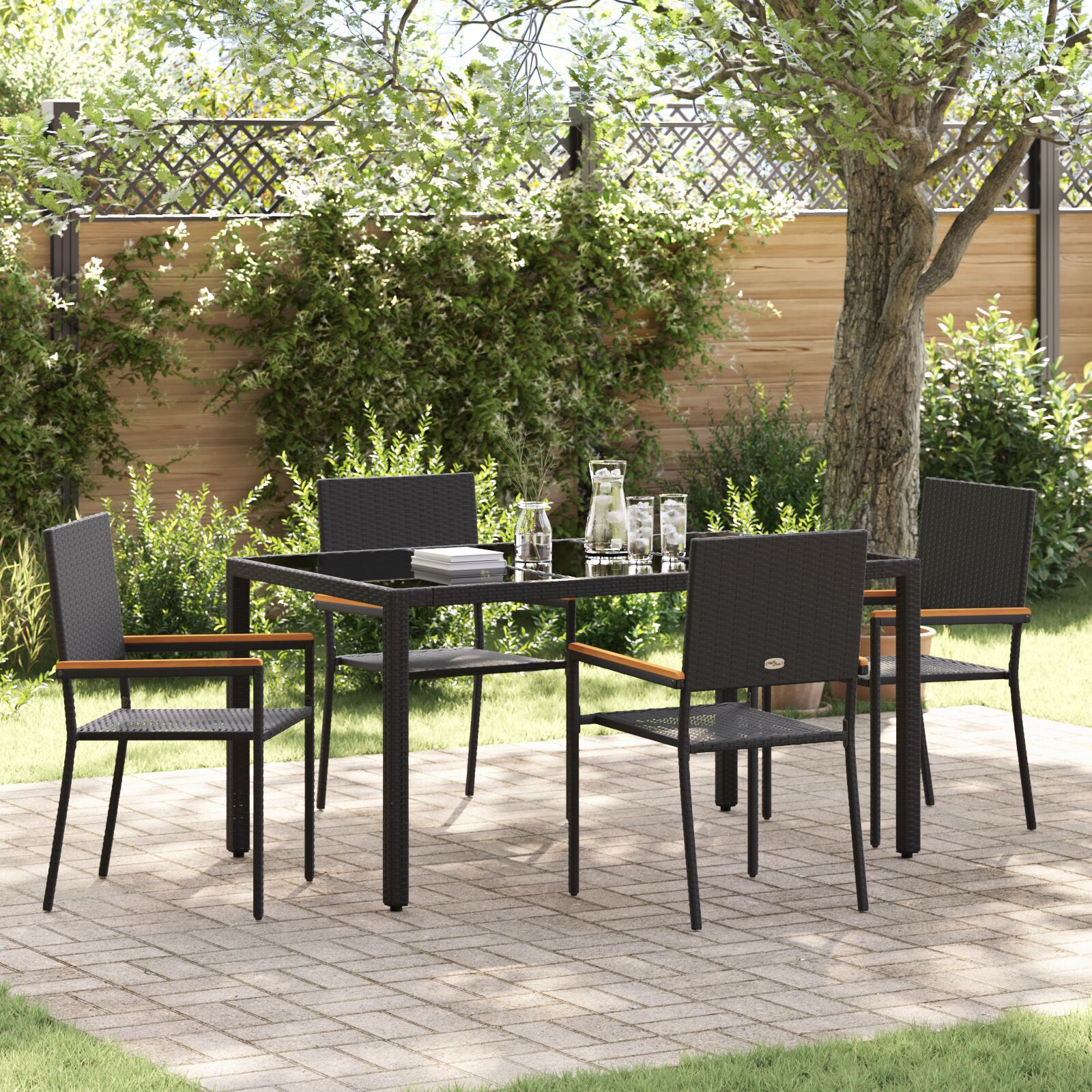 Set de dining pentru grădină  5 piese Negru Poliratan, Scaune de grădină  cu perne - Set de 2 piese în Negru Poliratan GartenMobel Dekor