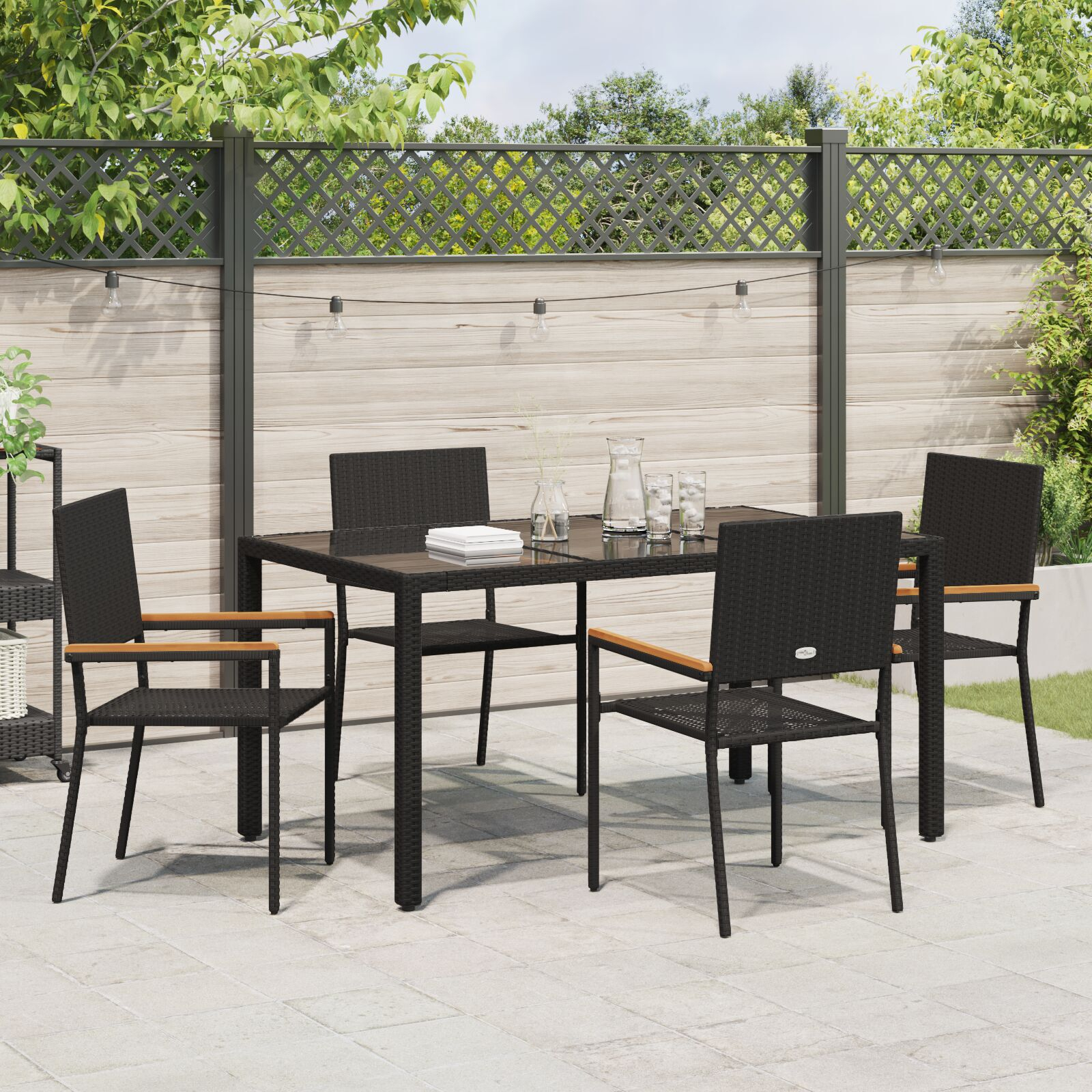 Set de dining pentru grădină  5 piese Negru Poliratan, Scaune de grădină  cu perne - Set de 2 piese în Negru Poliratan GartenMobel Dekor