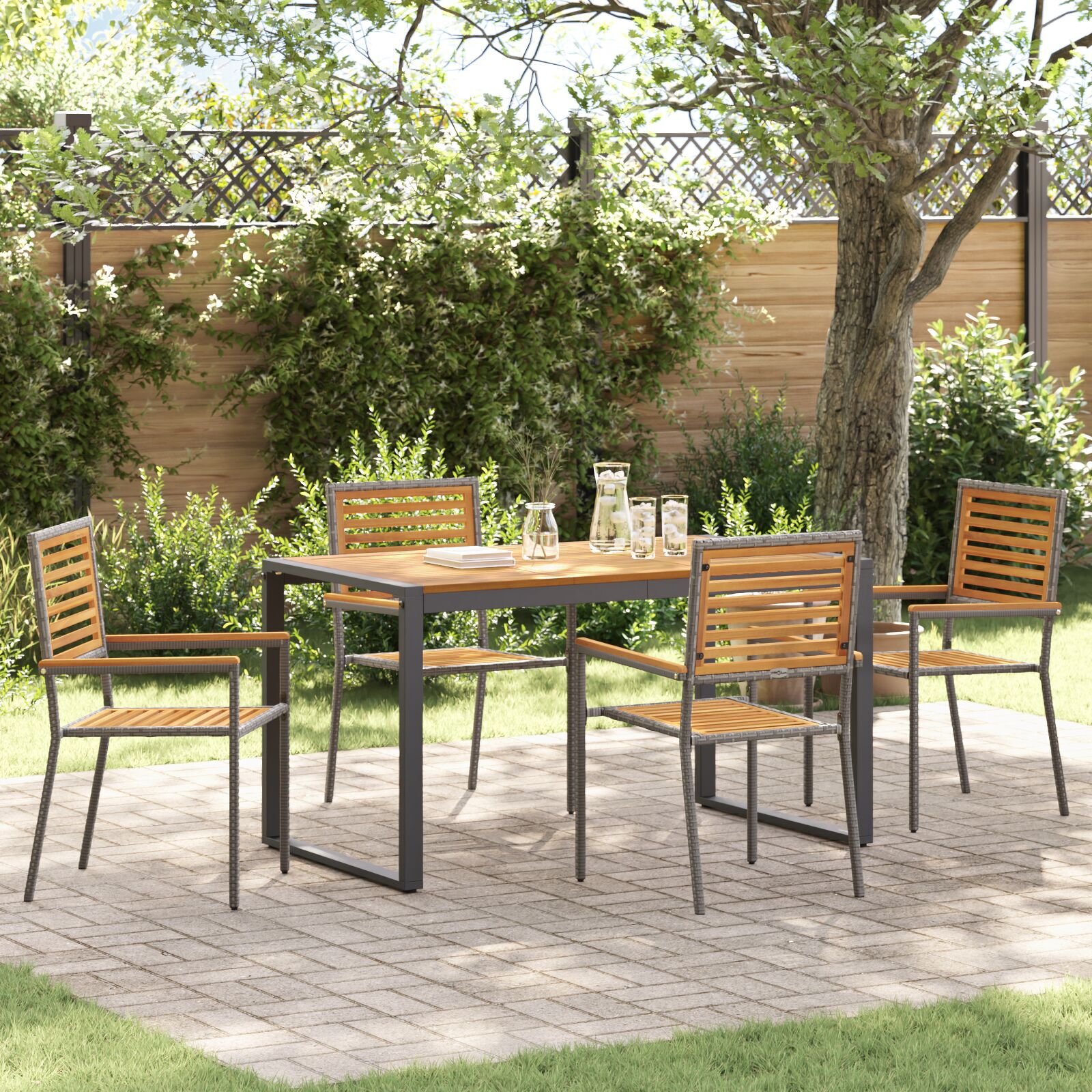 Set de Dining pentru Grădină din 5 Piese Gri Poli Rattan Acacia, Scaune Stivuibile pentru Grădină  cu Perne 2 buc Gri Poli Rattan GartenMobel Dekor