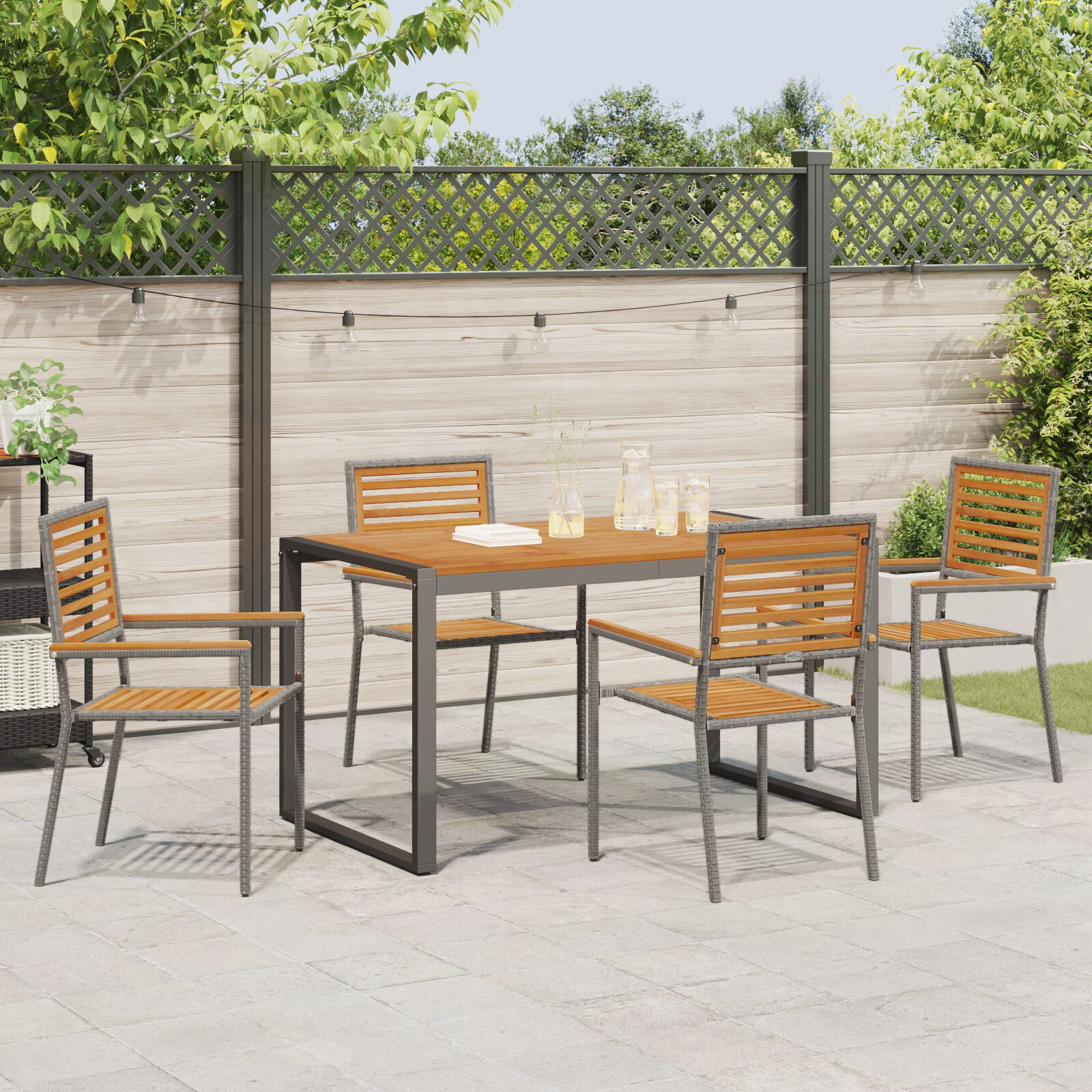 Set de Dining pentru Grădină din 5 Piese Gri Poli Rattan Acacia, Scaune Stivuibile pentru Grădină  cu Perne 2 buc Gri Poli Rattan GartenMobel Dekor