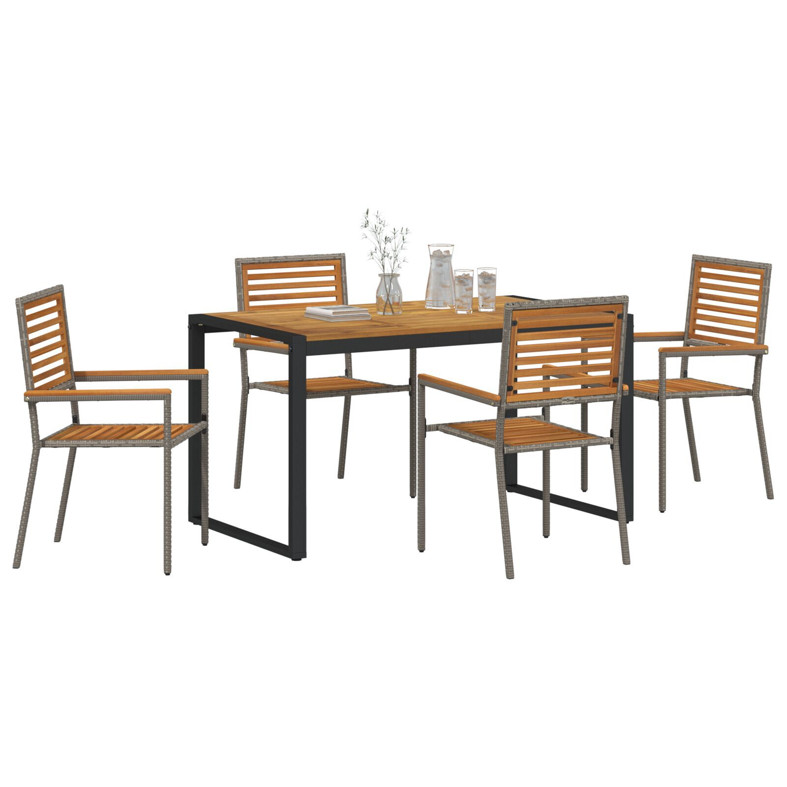 Set de Dining pentru Grădină din 5 Piese Gri Poli Rattan Acacia, Scaune Stivuibile pentru Grădină  cu Perne 2 buc Gri Poli Rattan GartenMobel Dekor