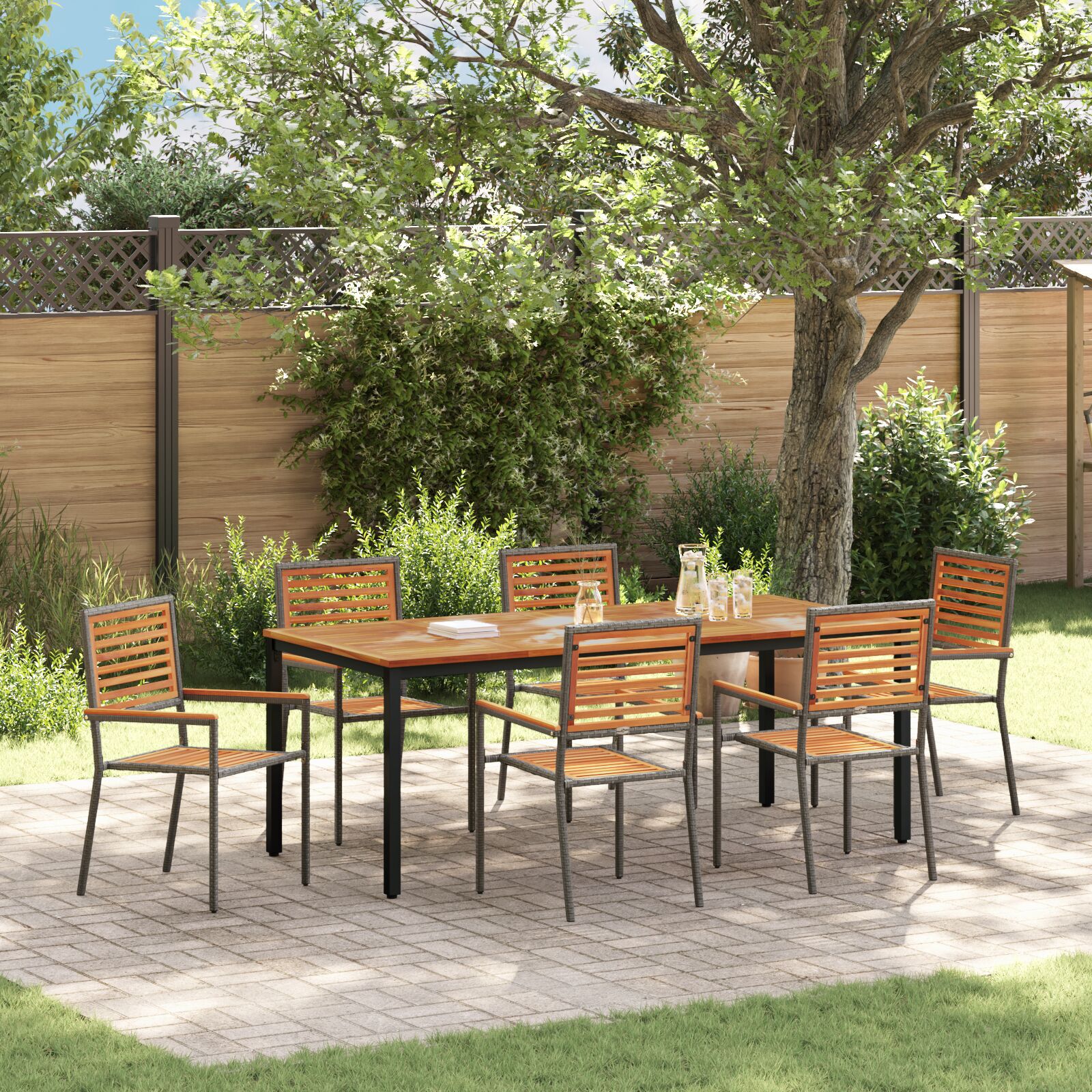 Set de Masă pentru Grădină cu 7 Piese Gri din Ratan Poli și Acacia,  Scaune de Grădină Stivuibile cu Perne 2 buc Gri din Ratan Poli,  Masă de Grădină 200x90x75 cm Lemn Solid de Acacia și Metal GartenMobel Dekor