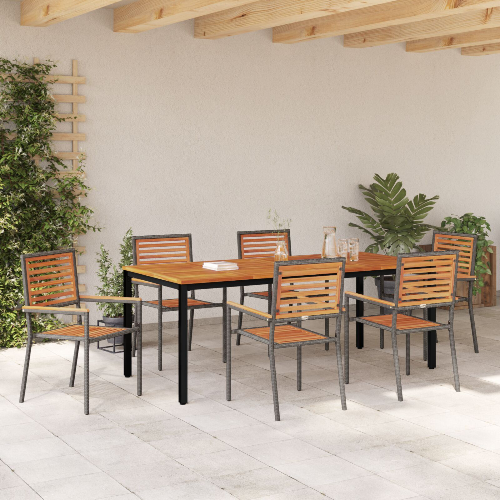 Set de Masă pentru Grădină cu 7 Piese Gri din Ratan Poli și Acacia,  Scaune de Grădină Stivuibile cu Perne 2 buc Gri din Ratan Poli,  Masă de Grădină 200x90x75 cm Lemn Solid de Acacia și Metal GartenMobel Dekor