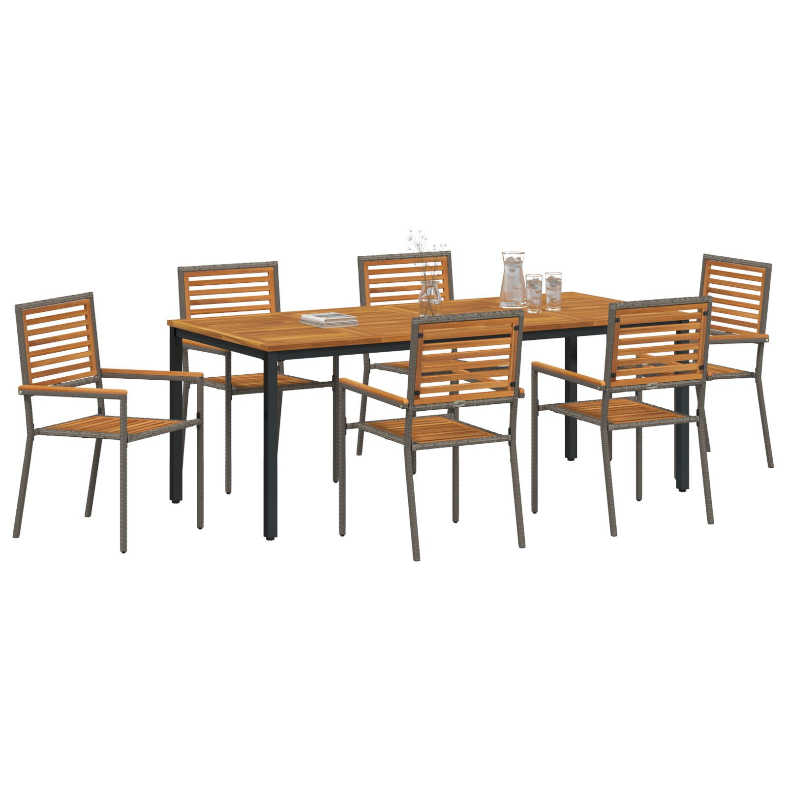 Set de Masă pentru Grădină cu 7 Piese Gri din Ratan Poli și Acacia,  Scaune de Grădină Stivuibile cu Perne 2 buc Gri din Ratan Poli,  Masă de Grădină 200x90x75 cm Lemn Solid de Acacia și Metal GartenMobel Dekor